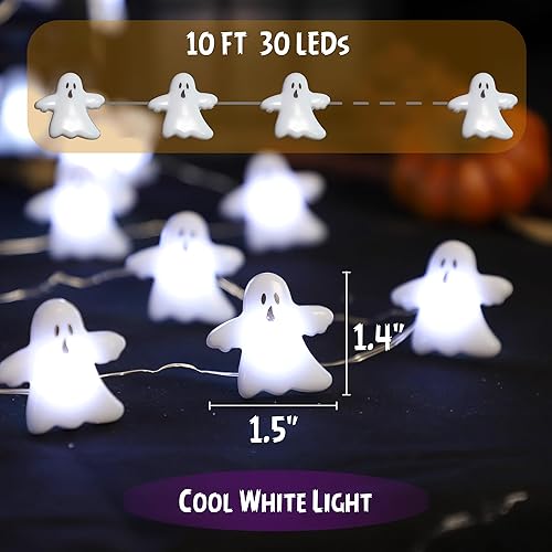 Miniatura 3 de Guirnalda de luces de fantasmas de Halloween, funciona con pilas, 10 pies, 30 luces LED de hadas blancas frías con control remoto, decoración de