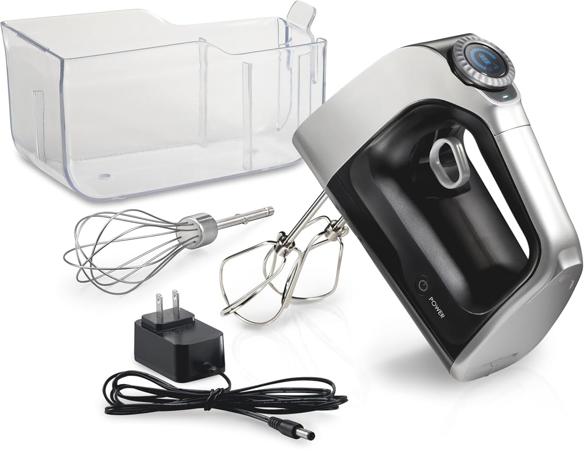 Cordless Electric Hand Mixer | Infinite Speed Control | Powerful DC Motor | Quick Recharging | LCD Screen | Whisk | Storage Case | Black | 62673