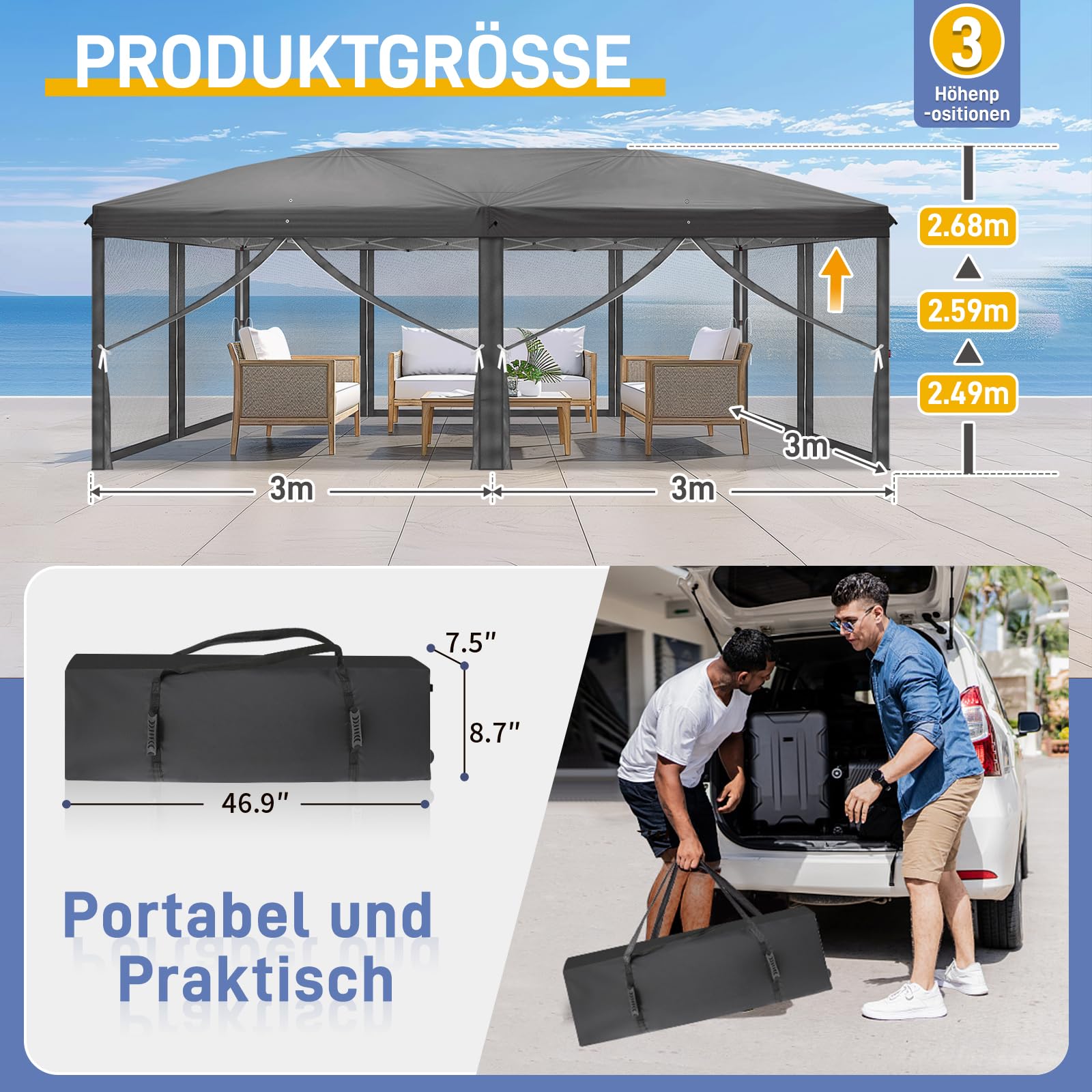 LEADZM Gazebo pieghevole, 3 x 6 m, impermeabile, protezione UV 50+, regolabile in altezza con 6 zanzariere, stabile, ideale per giardino, terrazza, campeggio e uso commerciale, antracite