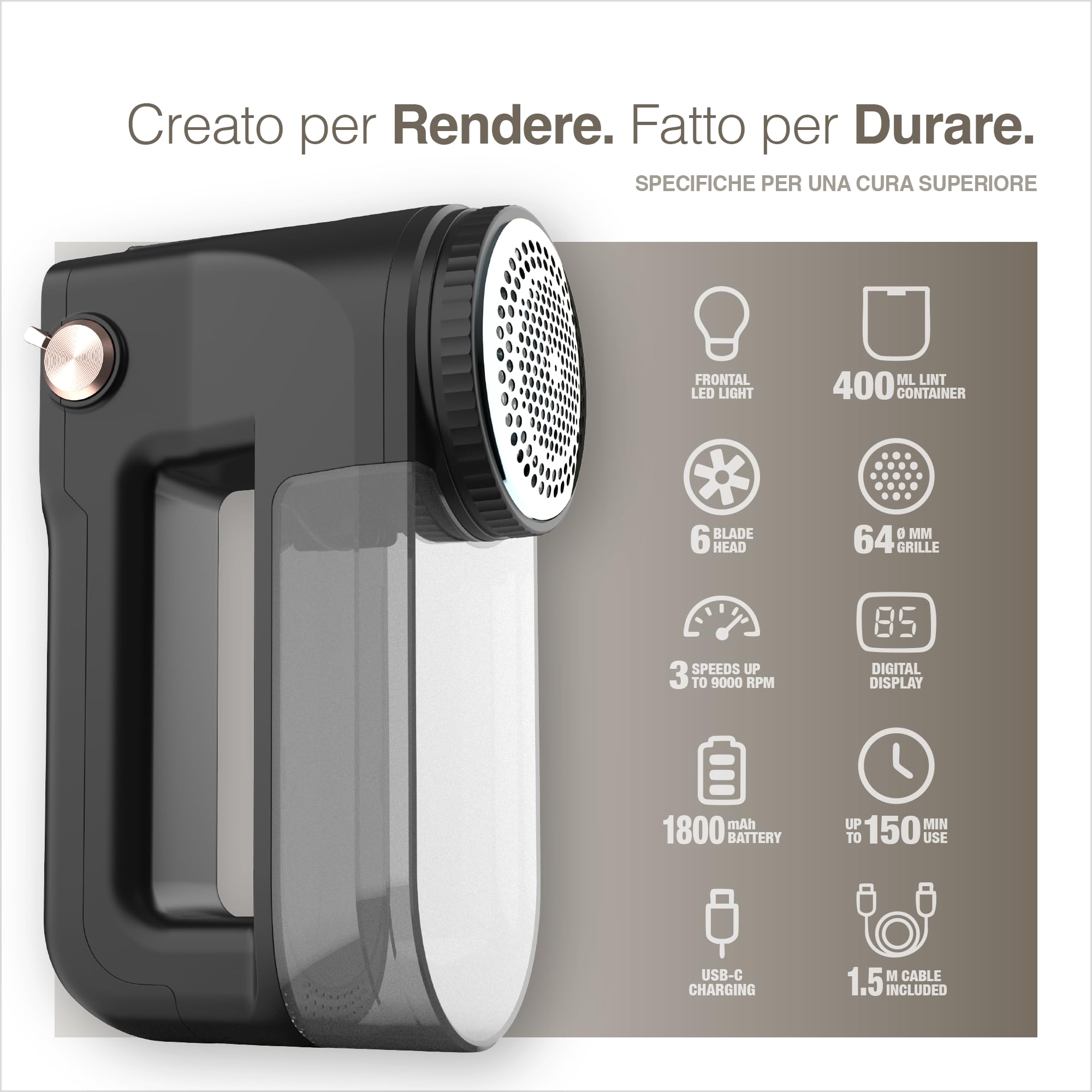 PORTENTUM Levapelucchi Elettrico con Luce LED – Display Digitale, 3 Velocità fino a 9.000 RPM, Lama a 6 Foglie, Grande Serbatoio, Togli Pelucchi per Abiti e Casa Ricaricabile USB C, Potenza Reale 15W