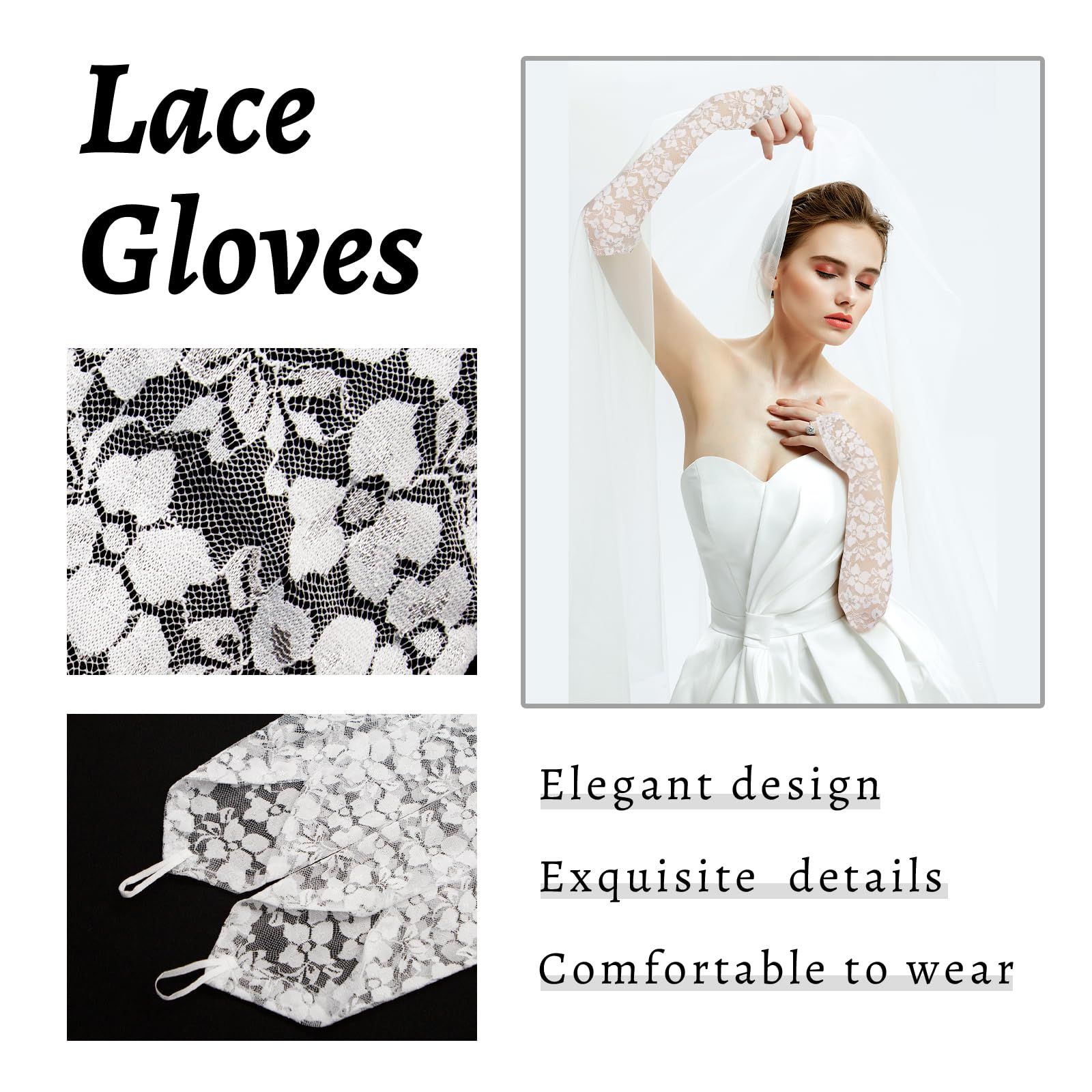 Long Keeper Elegant Floral Lace Gloves for Women Elbow Length Fingerless Long Gloves with Finger Loops for Bridal Opera Evening Wedding Party Prom One Size (White - Image 2