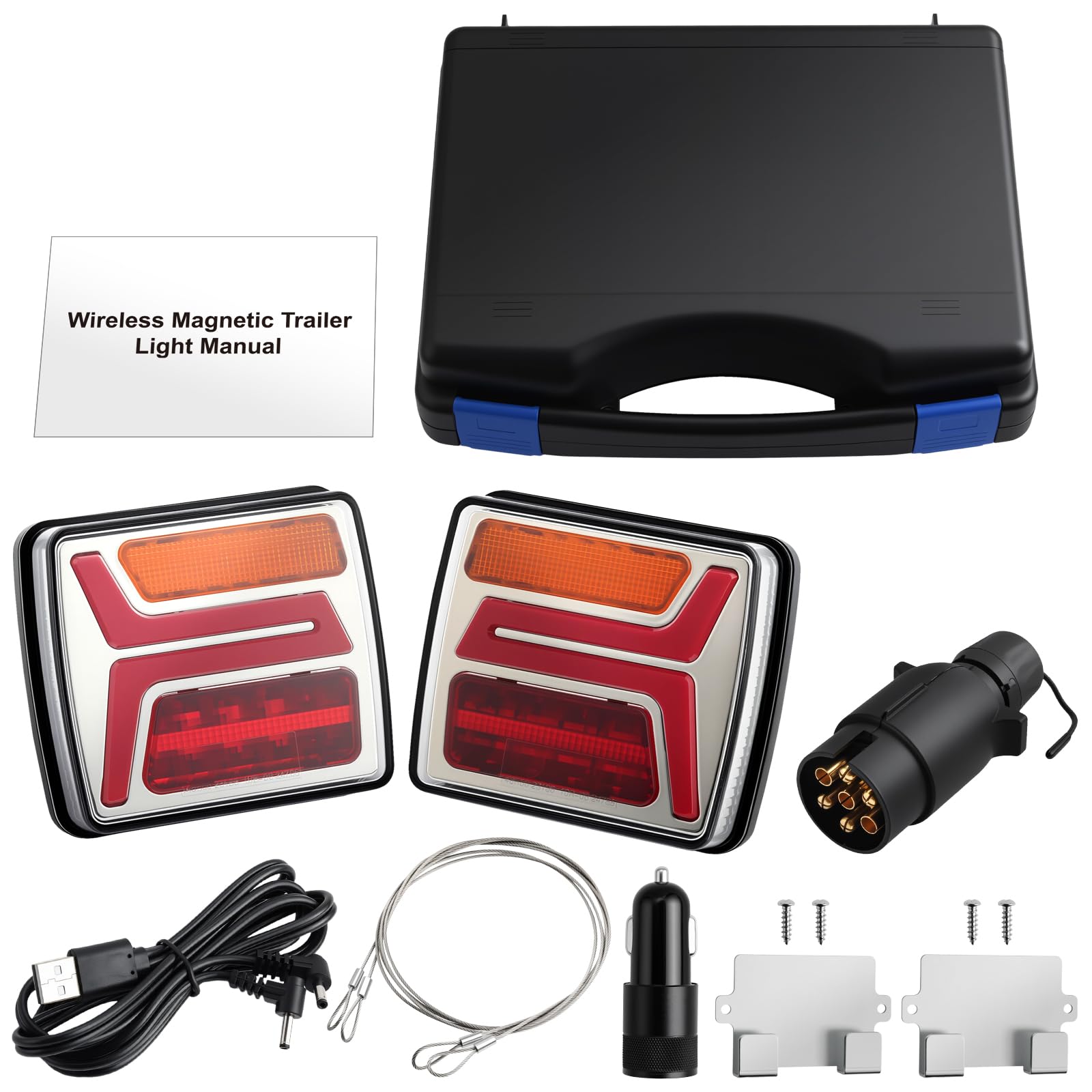 AUTOUTLET LED Rückleuchten Anhänger kabellos 100m Funkreichweite, 12V-24V Rücklichter mit 7 Pin Stecker & 5 Funktion inkl. Kennzeichenleuchte, IP67 Wasserdicht 12H-Akkulaufzeit, für LKW PKW Wohnwagen