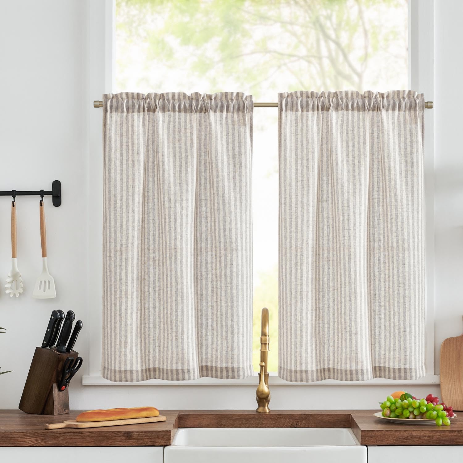 Vangao Scheibengardine mit Streifen Leinen Bistrogardine Halbtransparente Scheibengardinen Stores Fensterschal für Küche Wohnzimmer Landhaus