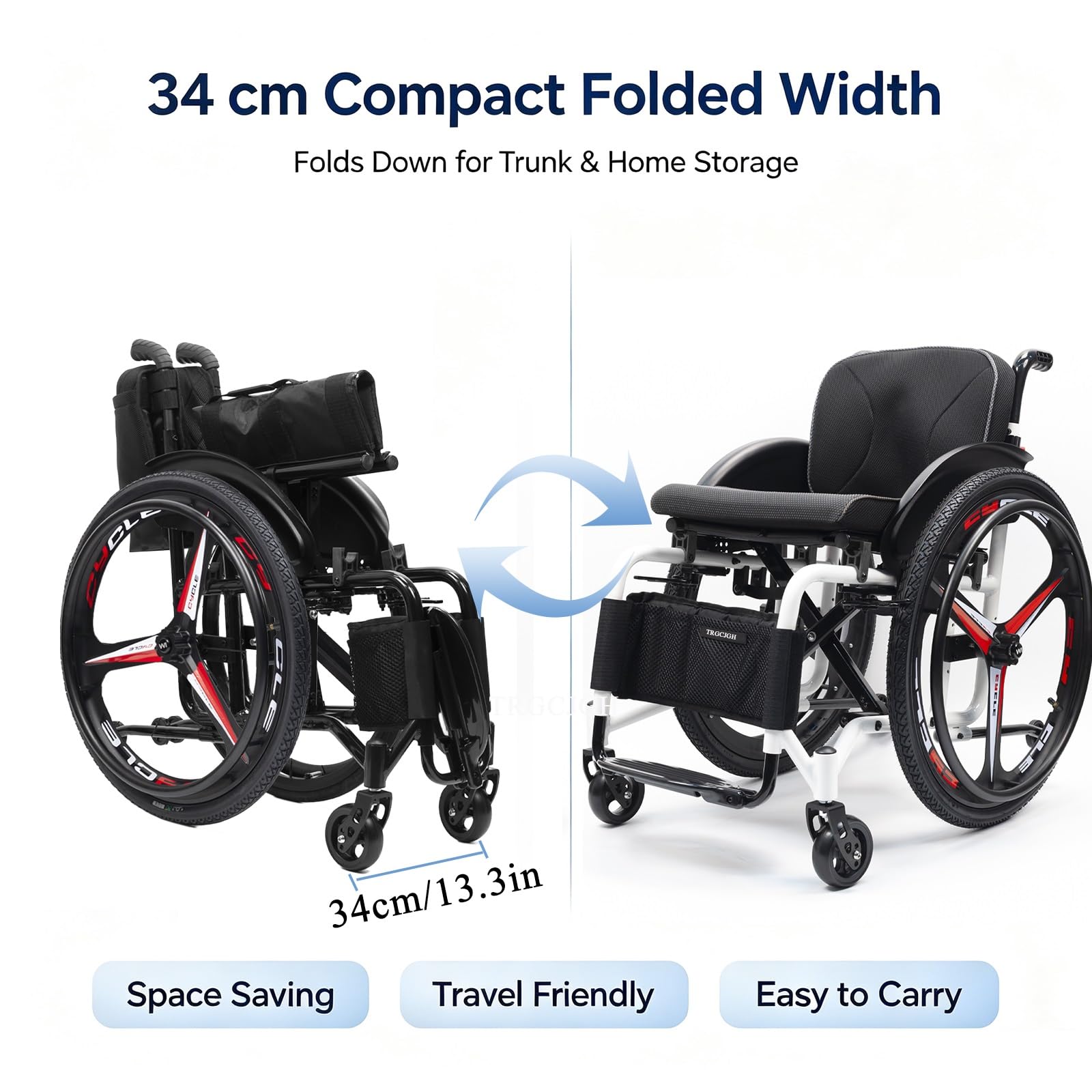 Sedia a Rotelle Pieghevole Leggera (Sedia Stretta), Carrozzina | Autospinta, Freno manuale, Poggiapiedi pieghevoli, da Transito，Alluminio, 14.5kg(Black,17.3in Seat Width)