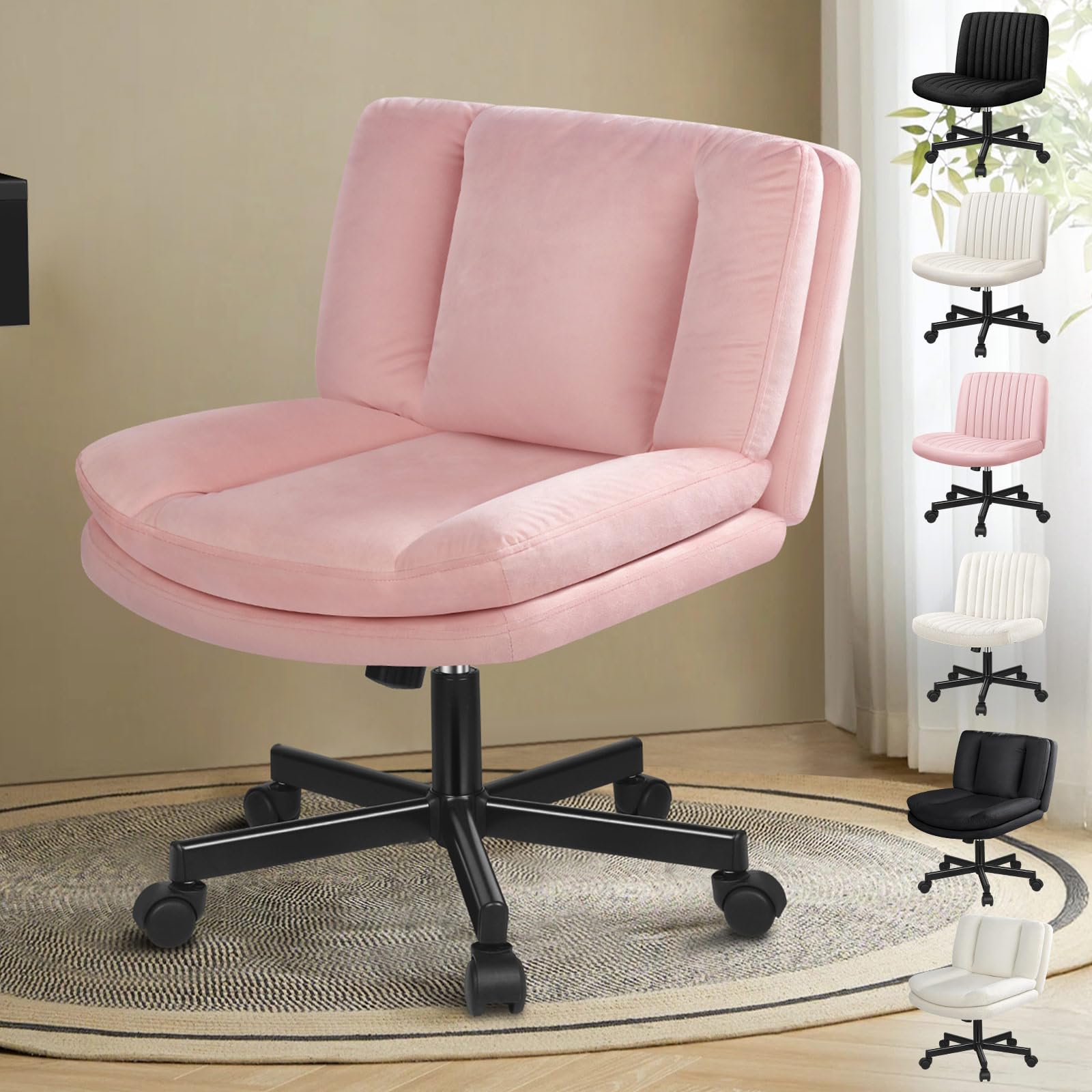 ALFORDSON Silla Oficina Ergonómica sin Brazos Tapizada con Ruedas, Acolchada con Espuma, Función de Inclinación, Silla Escritorio para Estudio,Dormitorio,Computadora,Carga de 180KG, Terciopelo(Rosa)