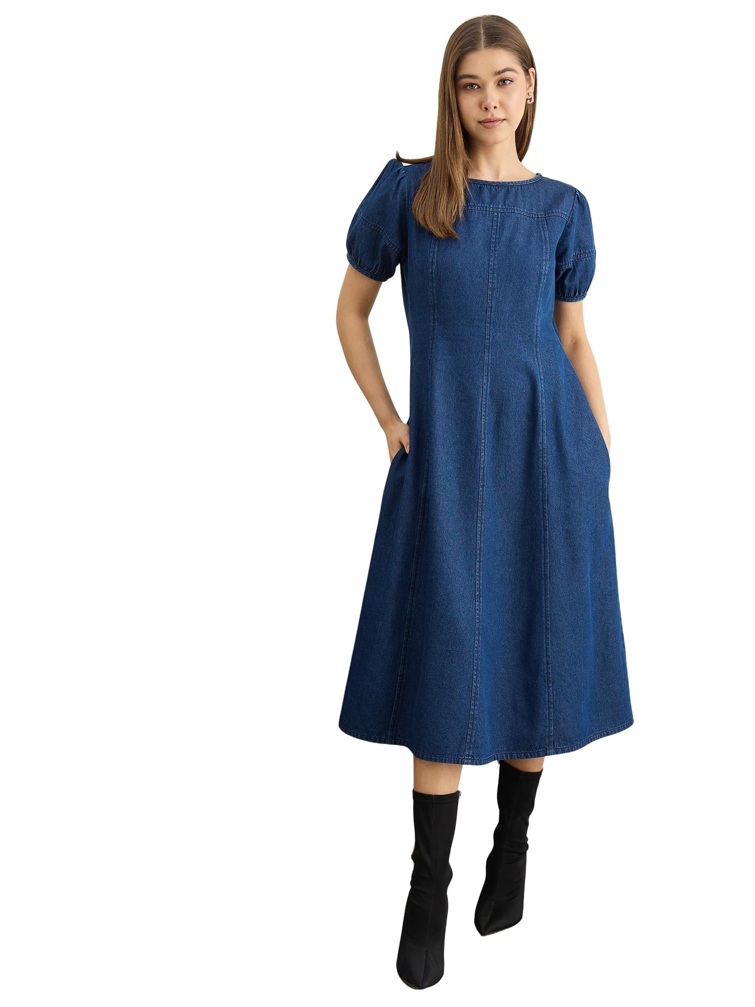 stylestone Women's Denim Puff Sleeve Midi Dress with Pockets-picture-13