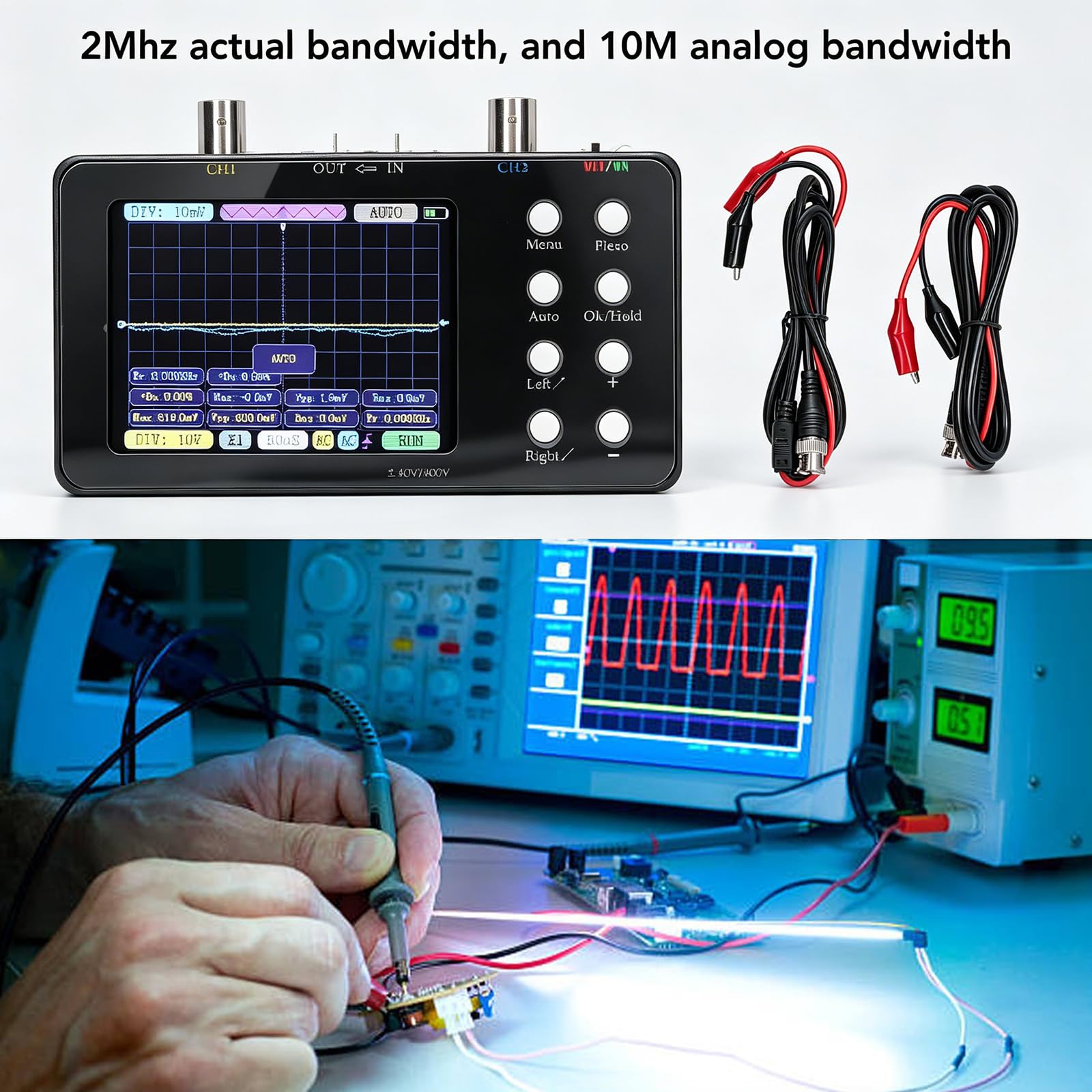 Fyearfly Osciloscopio de Doble Canal, Multímetro de Osciloscopio Digital Generador de Señal Portátil de 2 Canales Ancho de Banda de 2Mhz con Pantalla LCD Retroiluminada + Pinza de Cocodrilo