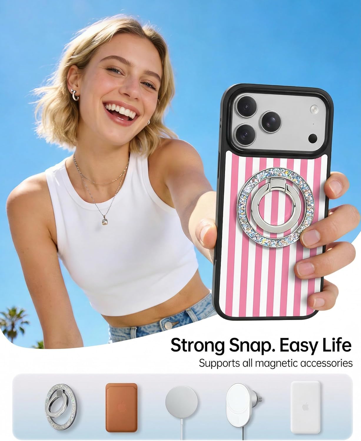 Magnetic Stripes Case for iPhone 17, Cute Aesthetic Striped Case for Women Men Girls, Compatible with MagSafe Slim Hard Shockproof Phone Case, Pink
