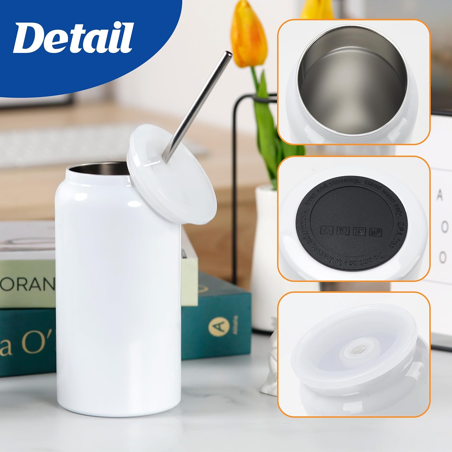 Joyclub 16oz Sublimation Tumblers Blanks Insulated Stainless Steel Cups with Lids and Starw Travel Iced Coffee Cups for Smoothie Whiskey Boba Soda DIY Gift (White) - Image 4