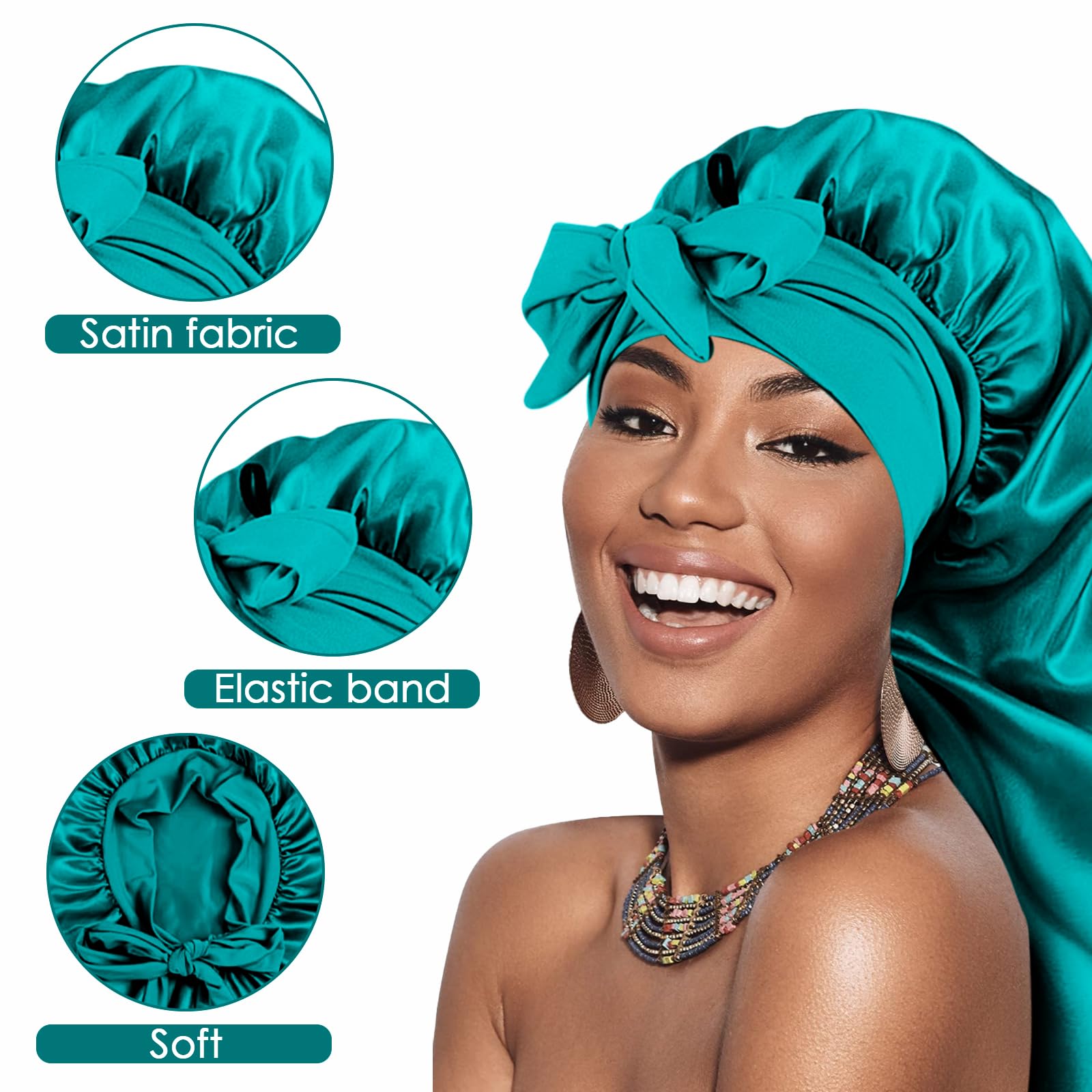 Adorila Extra Long Satin Bonnet for Women, Adjustable Braid Bonnet with Tie Band, Double Layer Elastic Silk Bonnet for Braids Hair Sleeping Cap (Green) - Image 2
