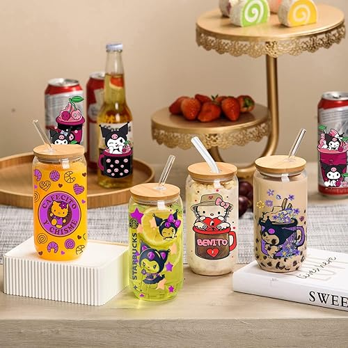 Miniatura 5 de Calcomanías de vidrio UV DTF para transferencias, 20 hojas de película transparente de dibujos animados, anime, impermeable, frotar en vasos de