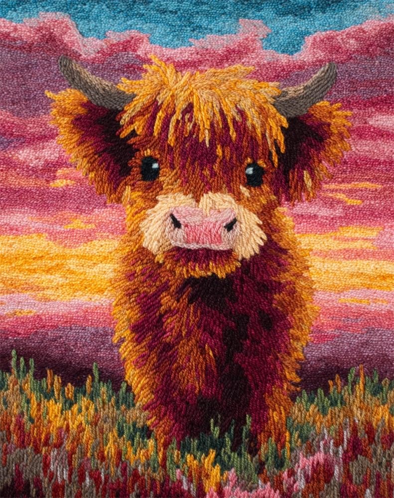 FWRTYCB 3D Latch Hook Rug Kit Sunset Highland Cow Cub