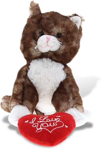 DolliBu Gato marrón de peluche con texto en inglés "I Love You", bonito animal de peluche con corazón rojo y nombre, regalo personalizado para el
