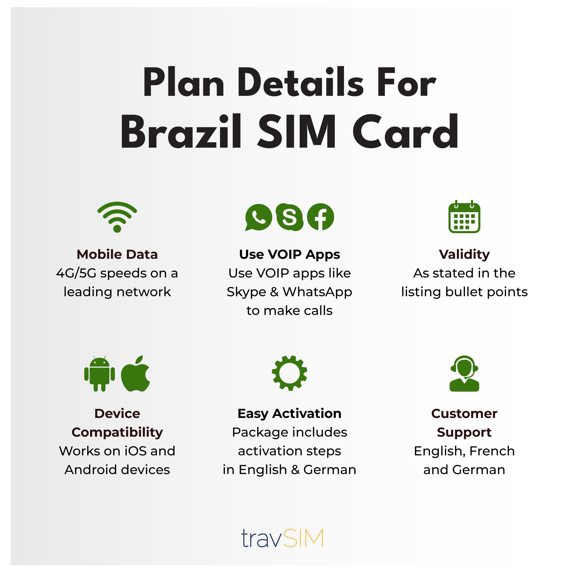 travSIM Brasilien SIM Karte | 10GB Mobile Daten bei 4G/5G Geschwindigkeiten | unbegrenzter Internetzugang für Google, Facebook, Whatsapp und mehr | Der Plan der Brasilien SIM Karte ist 15 Tage gültig
