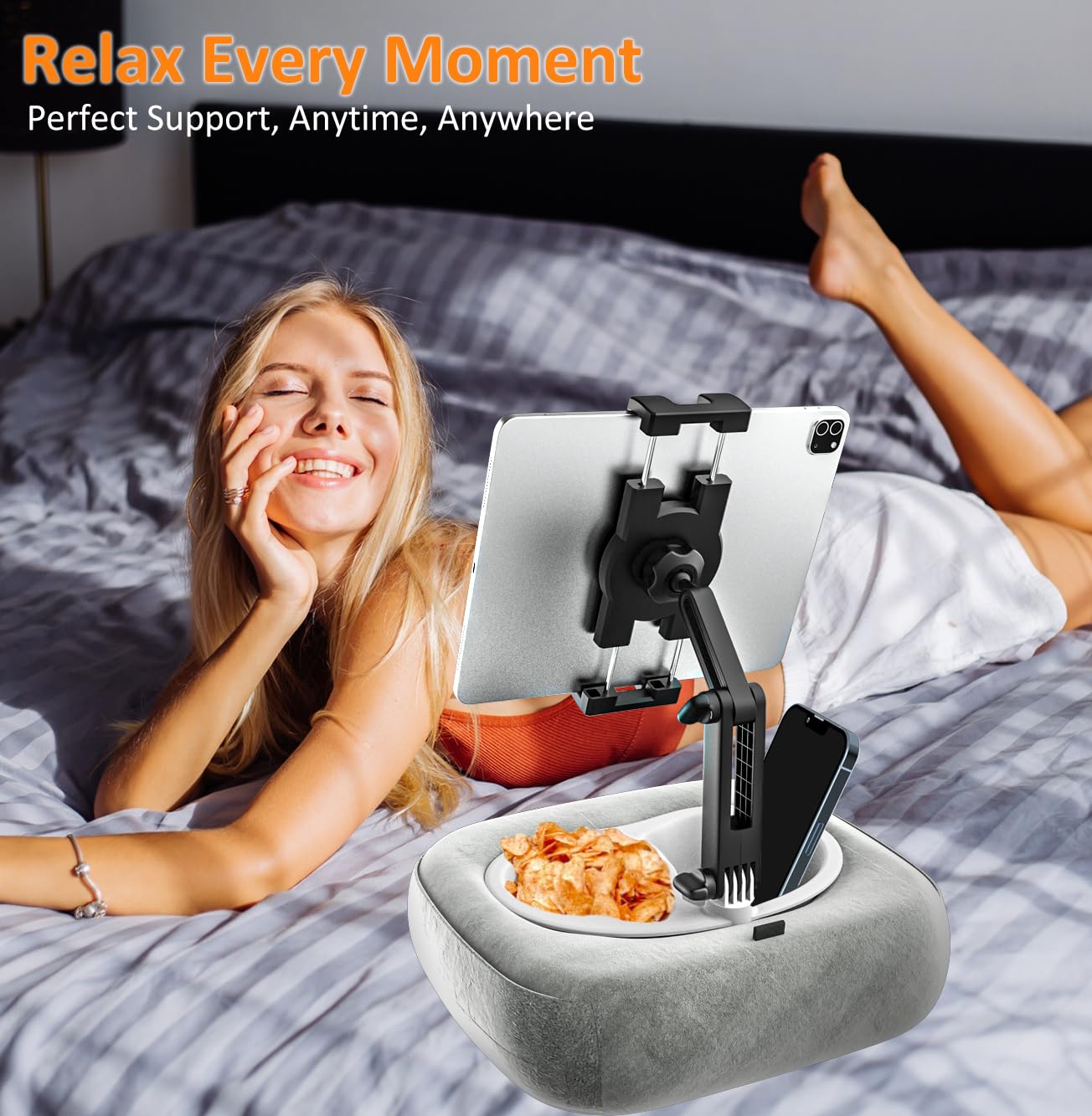 Supporto Tablet Cuscino [Tessuto Morbido e Confortevole] Regolabile Supporto Tablet da Letto, Scrivania, Grembo, per iPad, Galaxy Tab, Kindle, Fire, Tablet & Telefono de 4-13", Grigio