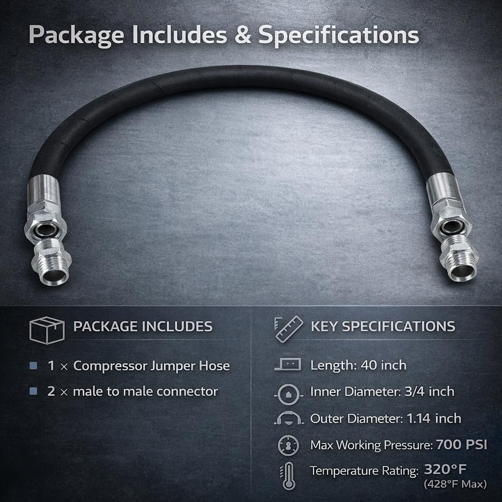 Compressor Jumper Hose 3/4" x 40", 700 PSI High Pressure Air Hose with 3/4" NPT Male Free-Rotating Fittings – 320°F Rubber Hose for Air Compressors