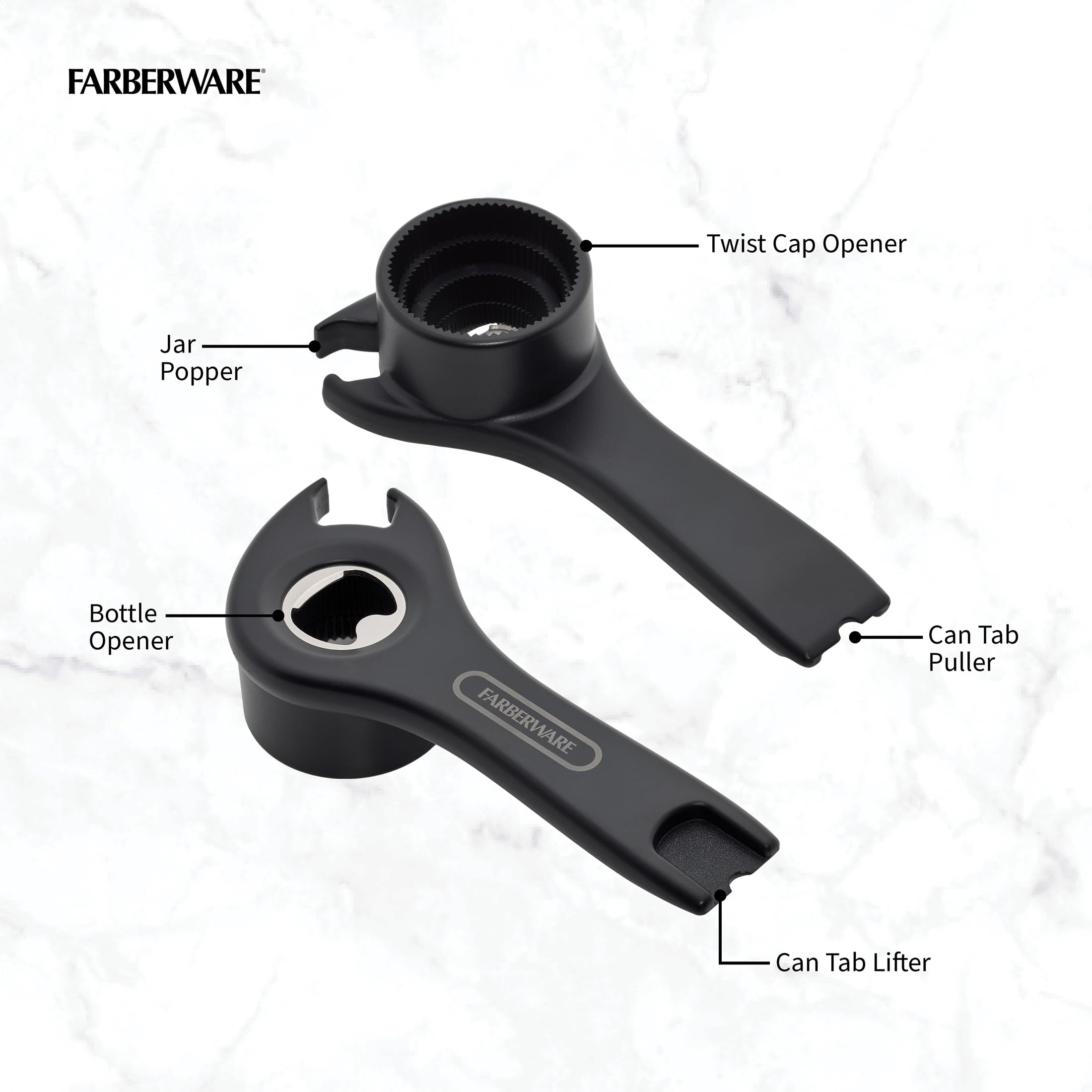 Farberware Professional 5-in-1 Multi-Opener Tool, Ergonomic Handle, Durable Metal and Plastic Construction, Opens Cans, Jars, Bottles and More