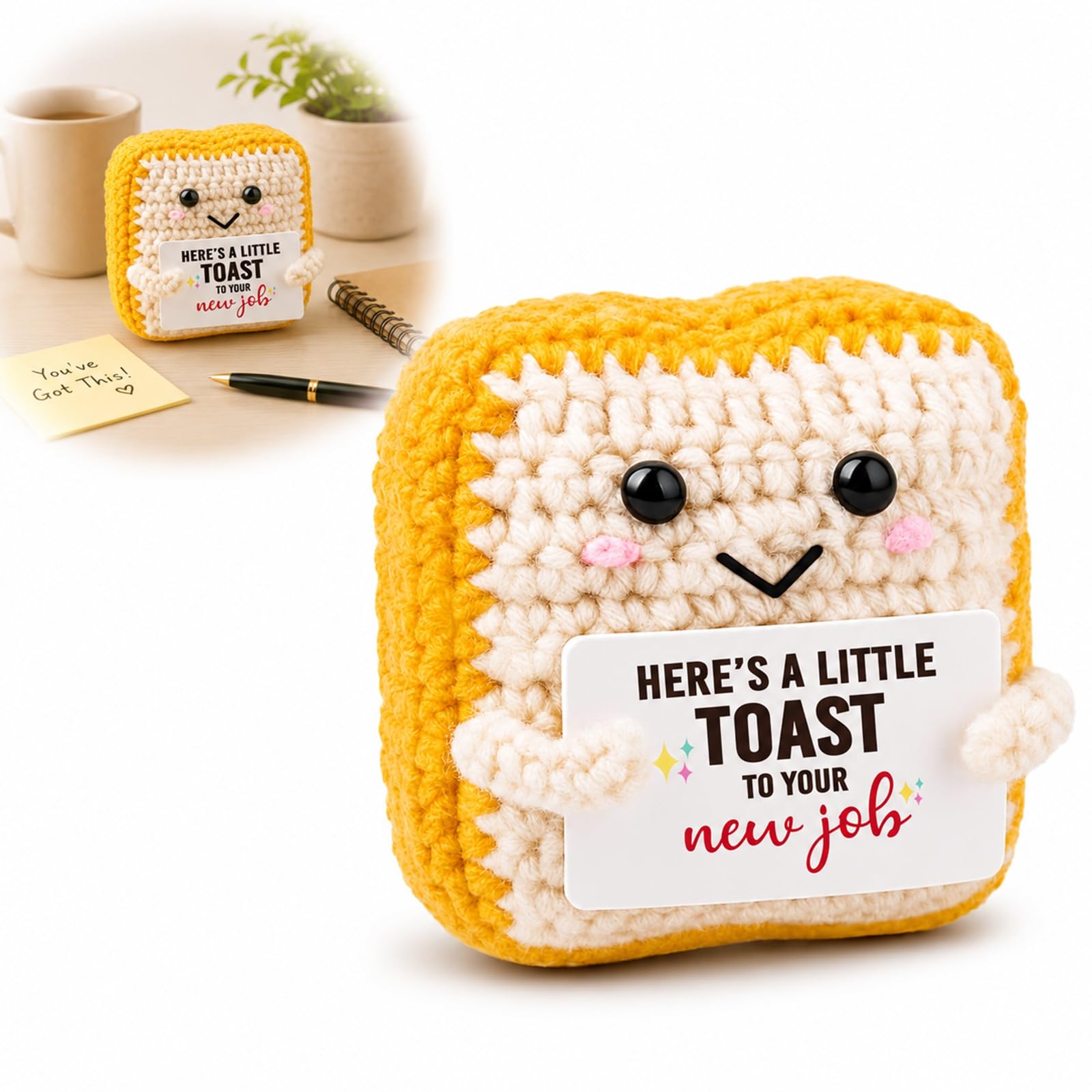 New Job Crochet Toast Keepsake - Handmade Positive Toast Desk Decor with Congratulations Card, Cute Shelf Ornament for Promotion Farewell and Going Away Celebration