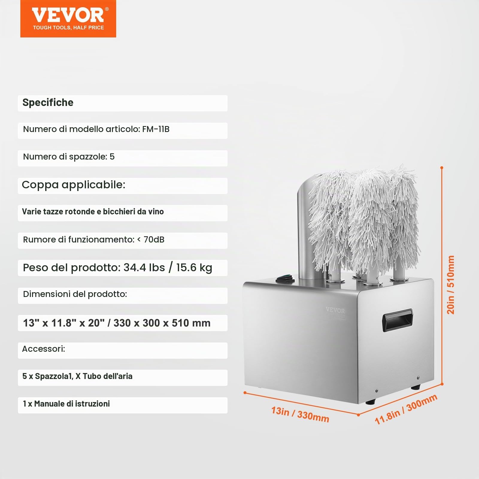 VEVOR Lucidatrice per Bicchieri da Vino, Lucidatrice per Bicchieri a 5 Spazzole, Lucidatrice Elettrica 330 Tazze/Ora per Bicchieri da Champagne, Boccali da Birra, Boccali, per Bar, Ristoranti, Cucine