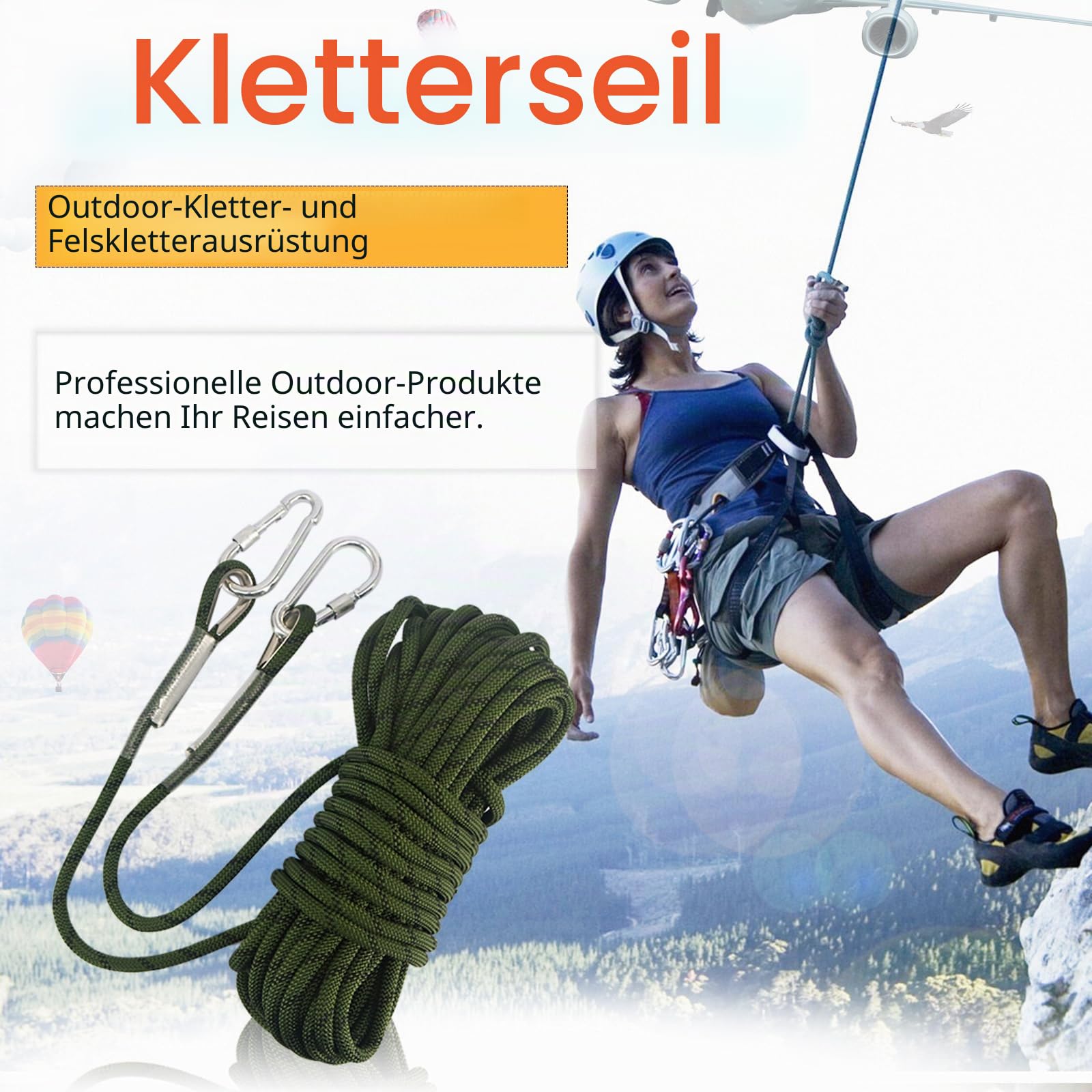 NewDoar 18KN Statisches Kletterseil 10 mm (3/8 Zoll) Zubehörkabel Ausrüstung 33 Fuß (10 m), 66 Fuß (20 m), 98 Fuß (30 m), 165 Fuß (50 m) Fluchtseil Eiskletterausrüstung Feuerrettungsseil-Grün/10 m