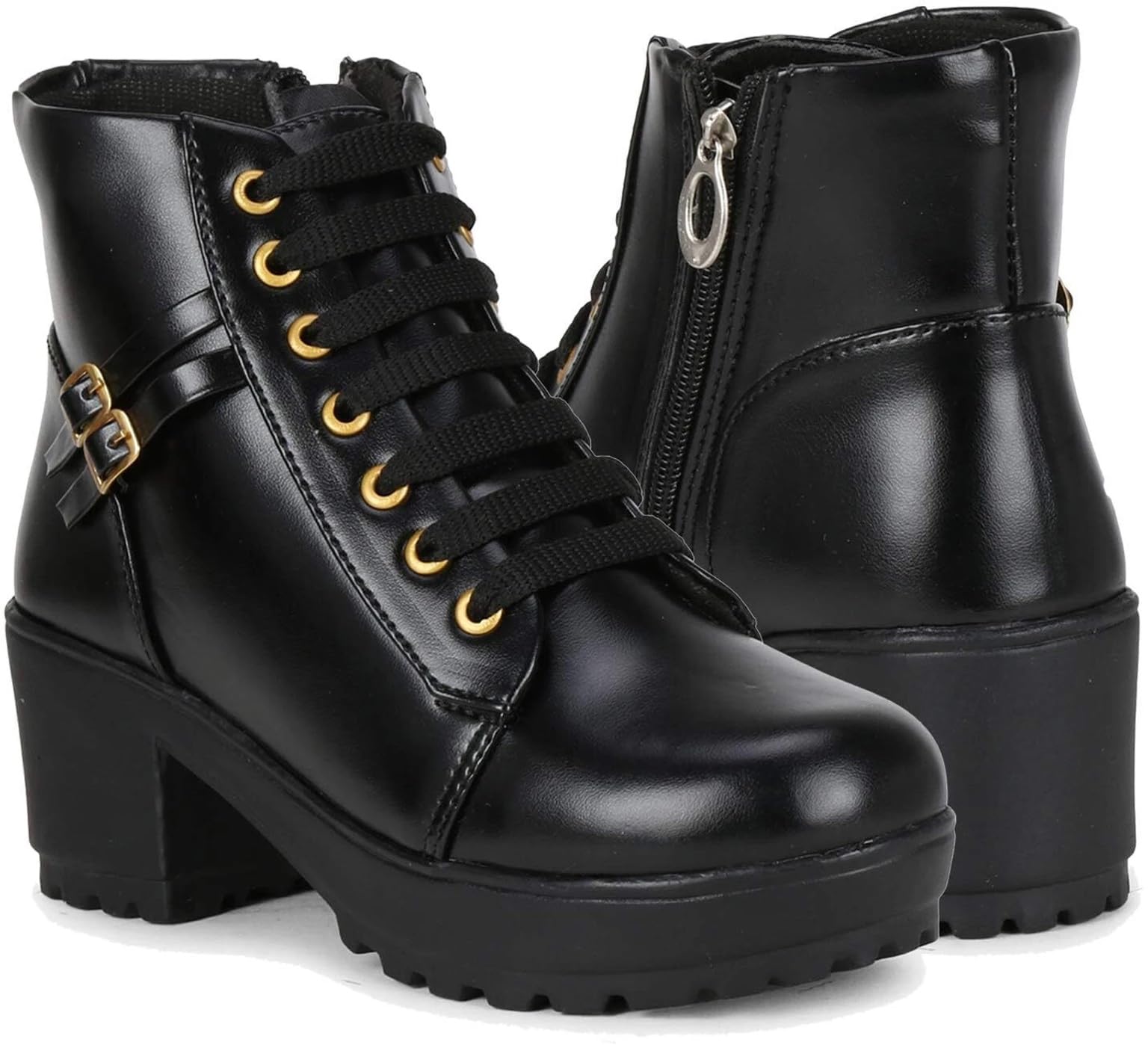 Black Faux Leather Ankle Boots with Chunky Block Heel-picture-12