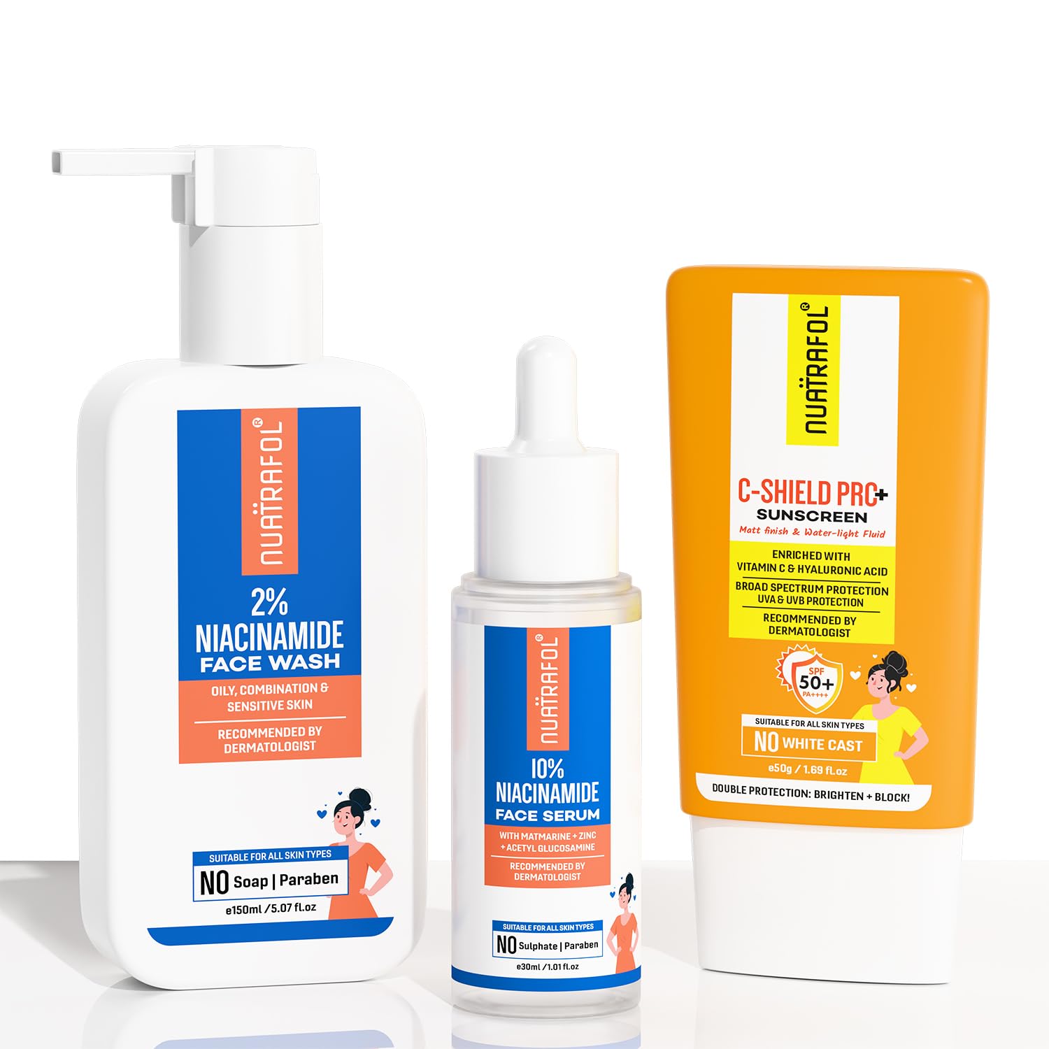 Niacinamide Skin Care Combo – 2% Face Wash, 10% Face Serum & C-Shield Pro+ Sunscreen | Oil Balance, Pore Care & Daily Sun Protection | For Men & Women (Combo, Set Of 03)-image-2