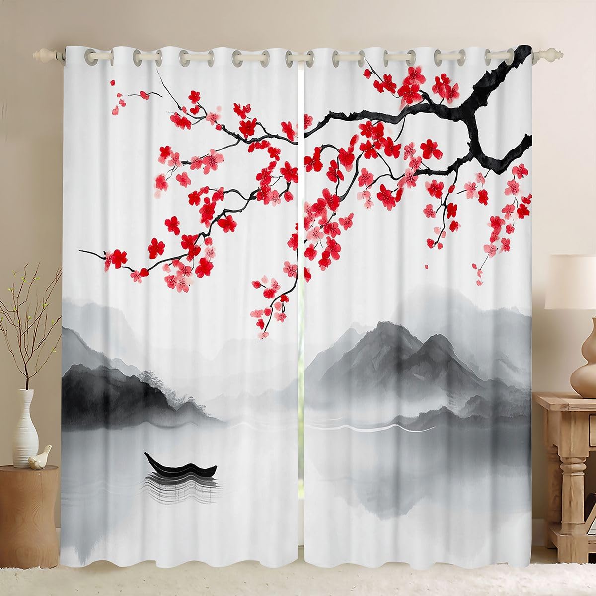 Homewish Japanisch Vorhänge 245x140(HxB) Kirschblüte Fenstervorhang Retro Asiatischer Anime Berg Gardienen Naturlandschaft Ästhetik Türvorhang Blickdicht Schlafzimmer 2 Paneele