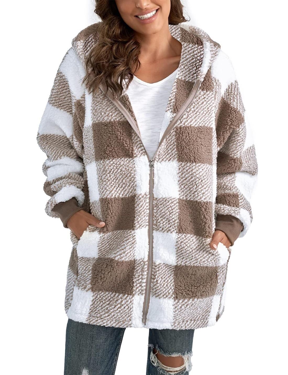LICIAATWIG Women's Fleece Coat Checkered Warm Winter Jacket Hooded Jacket Fluffy Plush Jacket Zipper Sweatshirt with Hood and Pockets