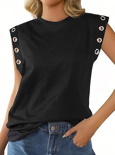 Remidoo Women's Cap Sleeve Tank Tops Loose Fit Grommet Punk