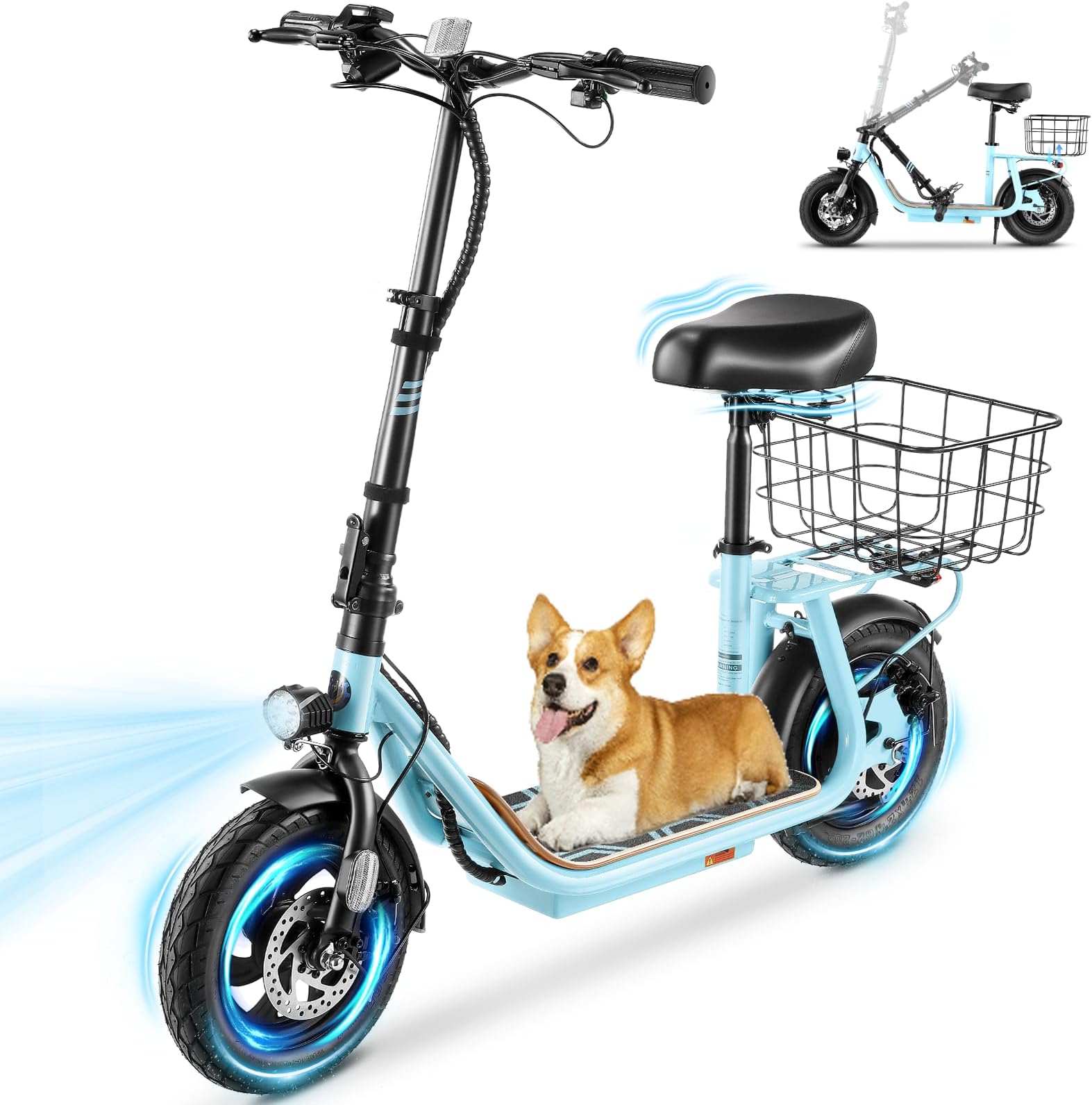 Caroma Peak 1200W/800W Electric Scooter with Seat, 30 Miles Max Range Electric Scooter Adults&Teens, 20MPH Top Speed Foldable Ebike, Adjustable E-Bike with Basket&Kid Seat, Commuter Escooter