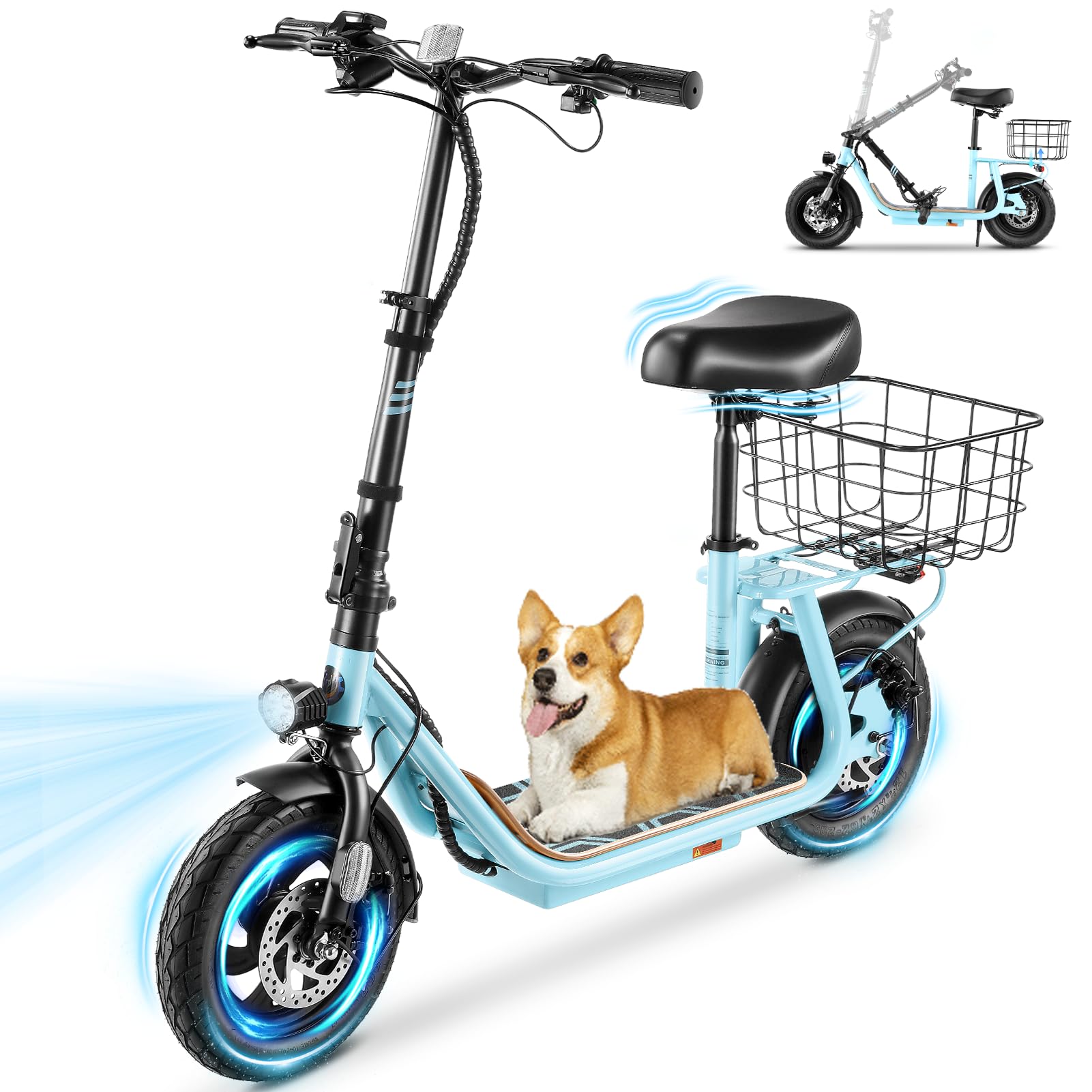 Caroma Peak 1200W/800W Electric Scooter with Seat, 30 Miles Max Range Electric Scooter Adults&Teens, 20MPH Top Speed Foldable Ebike, Adjustable E-Bike with Basket&Kid Seat, Commuter Escooter