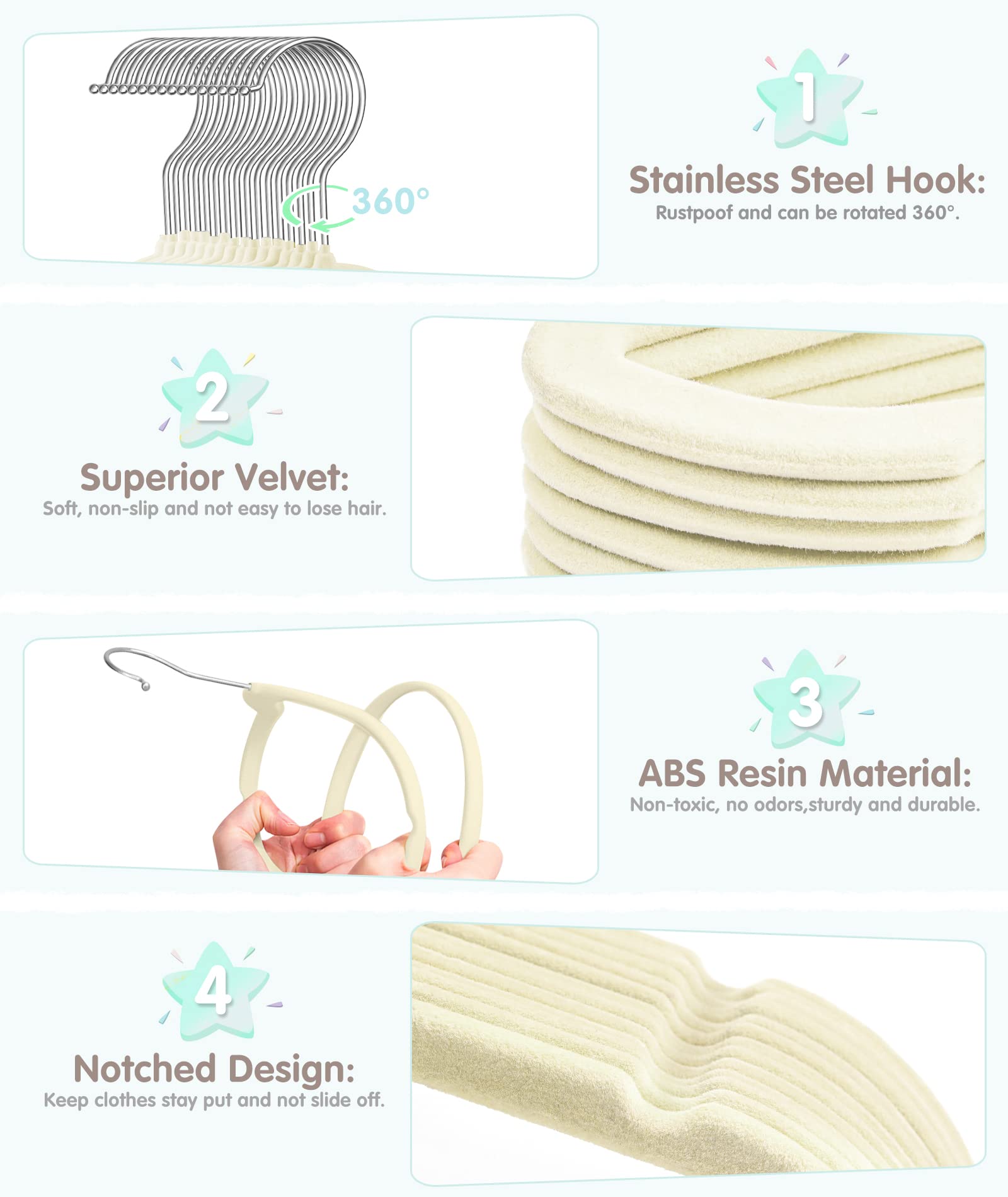 VIS'V Samt-Baby-Kleiderbügel mit 6 Trennwänden, 27,9 cm, Beige, 50 Stück