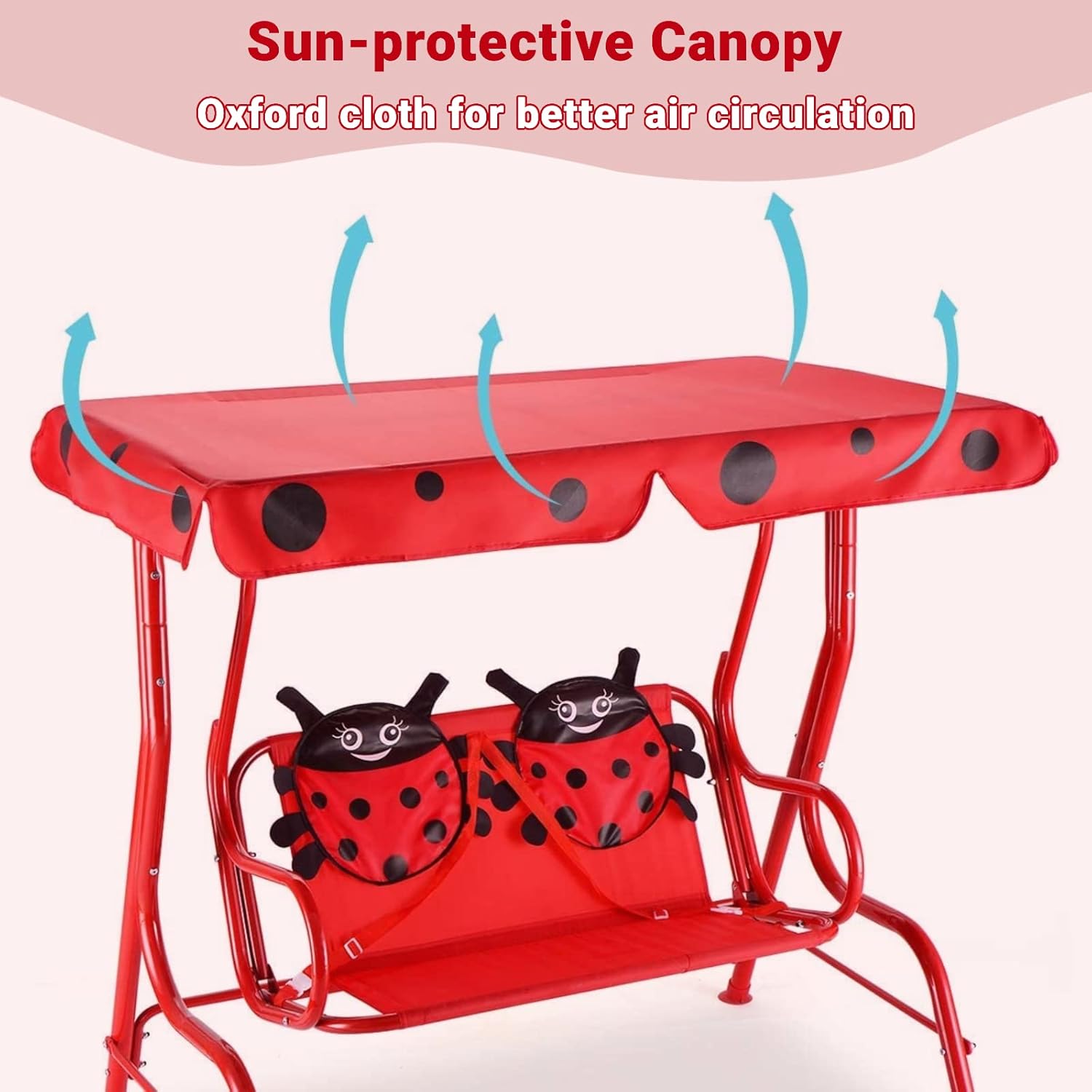 Costzon Kids Porch Swing, All-Weather Patio Swing Bench Hammock w/Adjustable Canopy & Safety Belts for 2 Children, Outdoor Swing for Backyard Garden Balcony Poolside (Red, Ladybug Pattern)