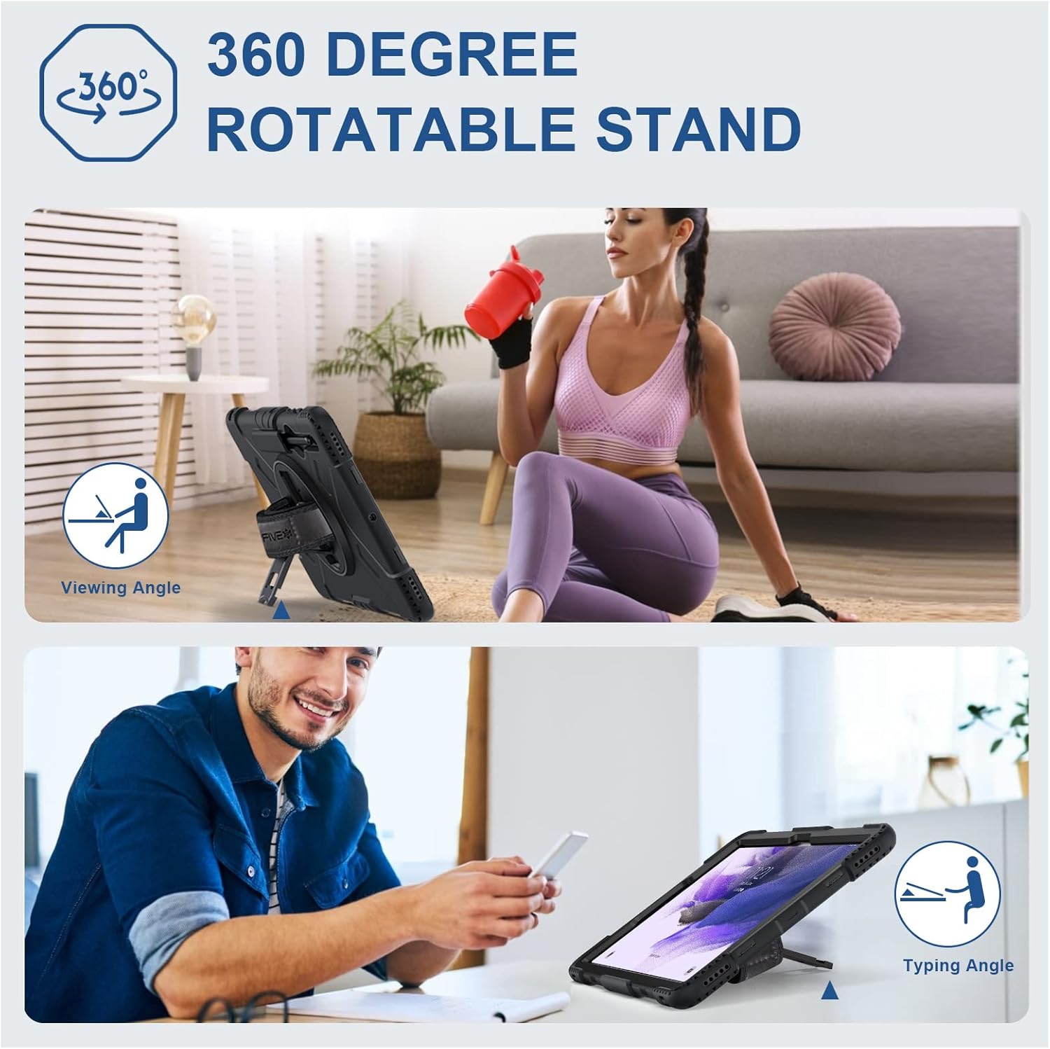 SUPFIVES Case for Samsung Galaxy Tab S7 FE/ S8 Plus 12.4 Inch: [Upgraded Military Grade] Full-Body Rugged Protective Soft Silicone Cover - Kick Stand- Handle/Shoulder Strap- S Pen Holder- Black