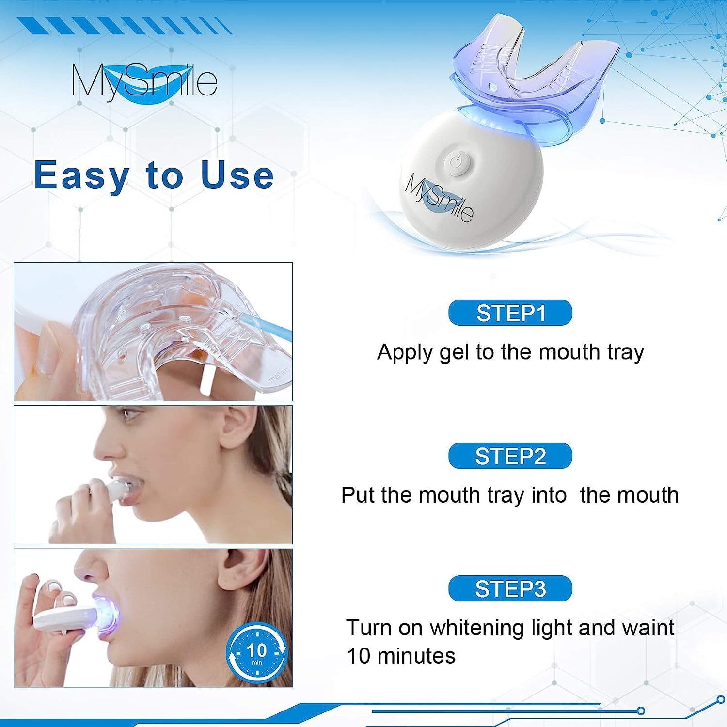 MySmile Teeth Whitening Kit with LED Light, 3 Non-Sensitive Teeth Whitening Gel and Tray, Deluxe 10 Min Fast-Result Carbamide Peroxide Teeth Whitener, help Remove Teeth Stain from coffee, drinks, food