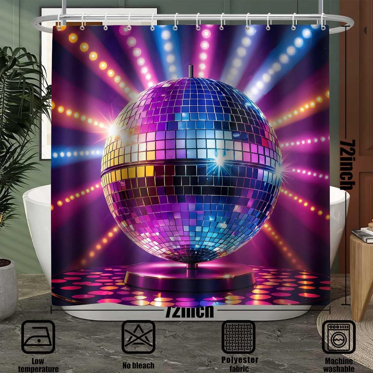 Disco Ball Shower Curtain Vintage 60s 70s 80s Disco Neon Music Bath Curtain 72x72 Inches Washable Polyester Night Club Disco Theme Bathroom Curtians with 12 Hooks YLOKPA1100