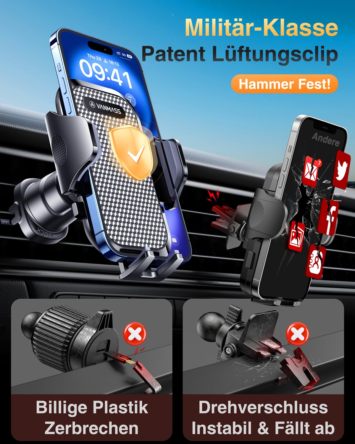 VANMASS 2026 Militärische Handyhalterung Auto Upgrade【Stärkste Saugnapf & Lüftungshaken 】4 in 1 Smartphone Auto Handyhalter 360°drehbar Autohalter auf Armaturenbrett Scheibe für iPhone Samsung,Schwarz