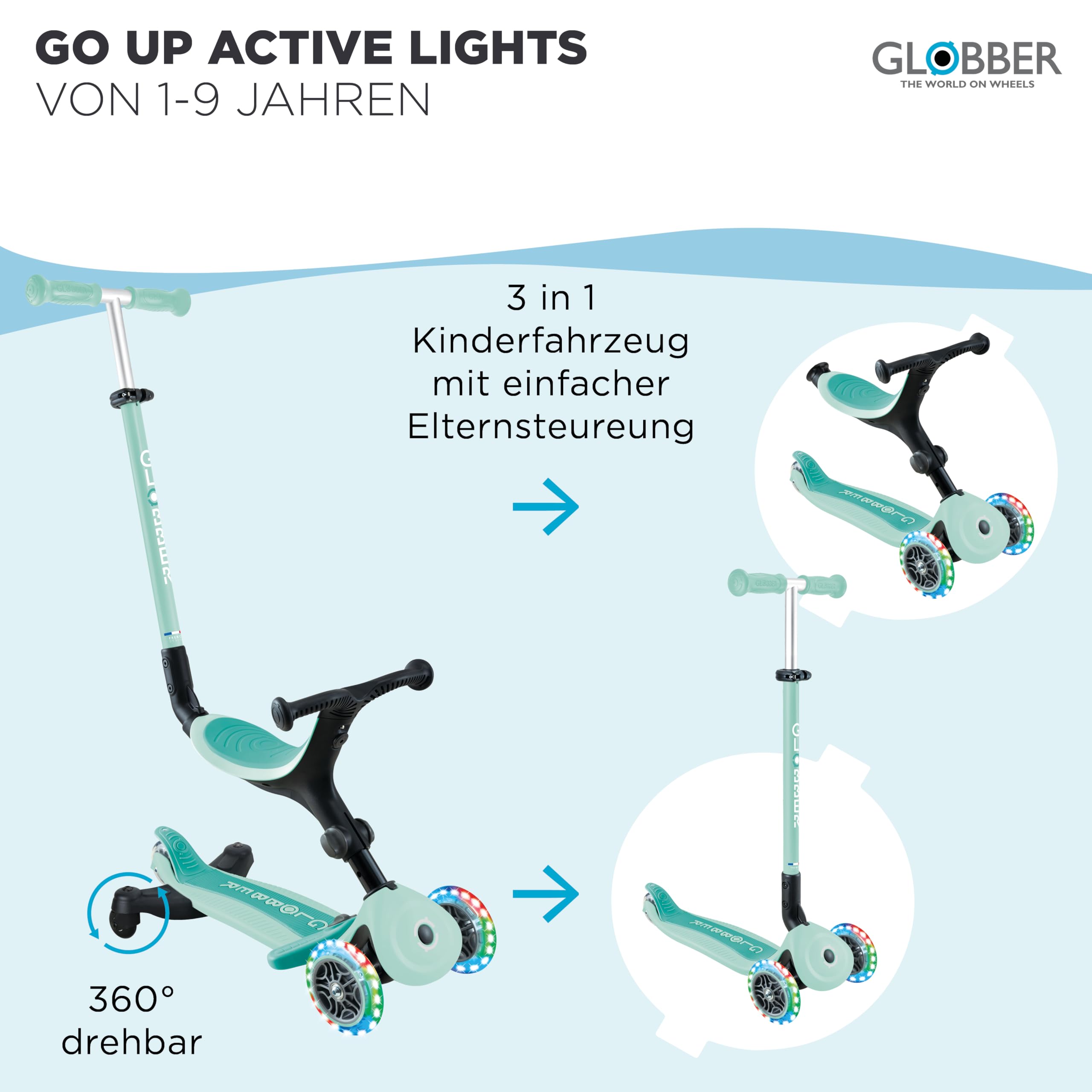 Globber Go Up Active Beleuchtung, 360 Grad, Evolutionärer Roller mit Sitz und Lichtern für Kleinkinder ab 15 Monaten