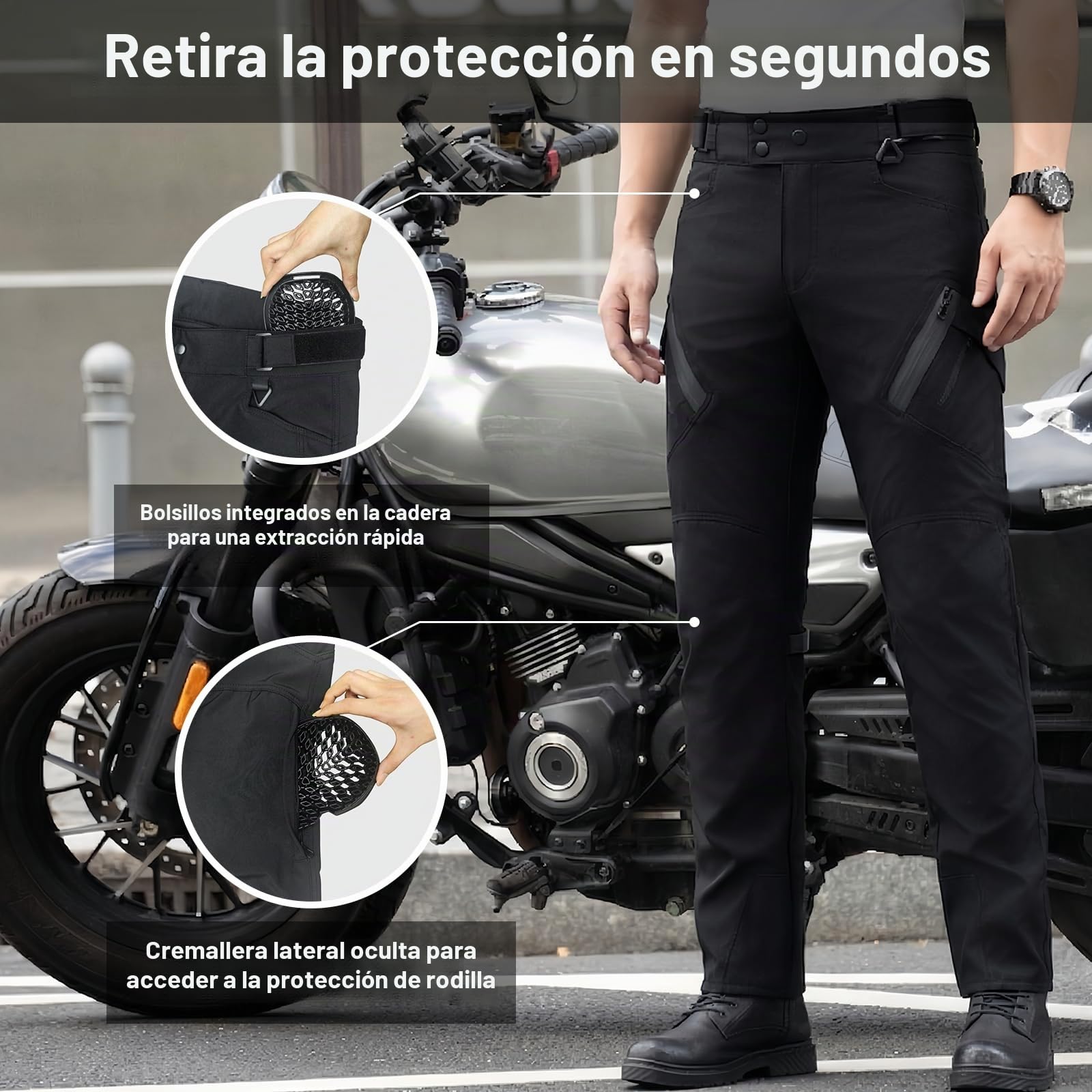 Pantalón Moto con Protecciones CE Nivel 2, Repelente al Agua | Protectores de panal EN1621-1,flexibles en frío & extraíbles,tejido textil, 6 bolsillos, para touring y ciudad, todo el año