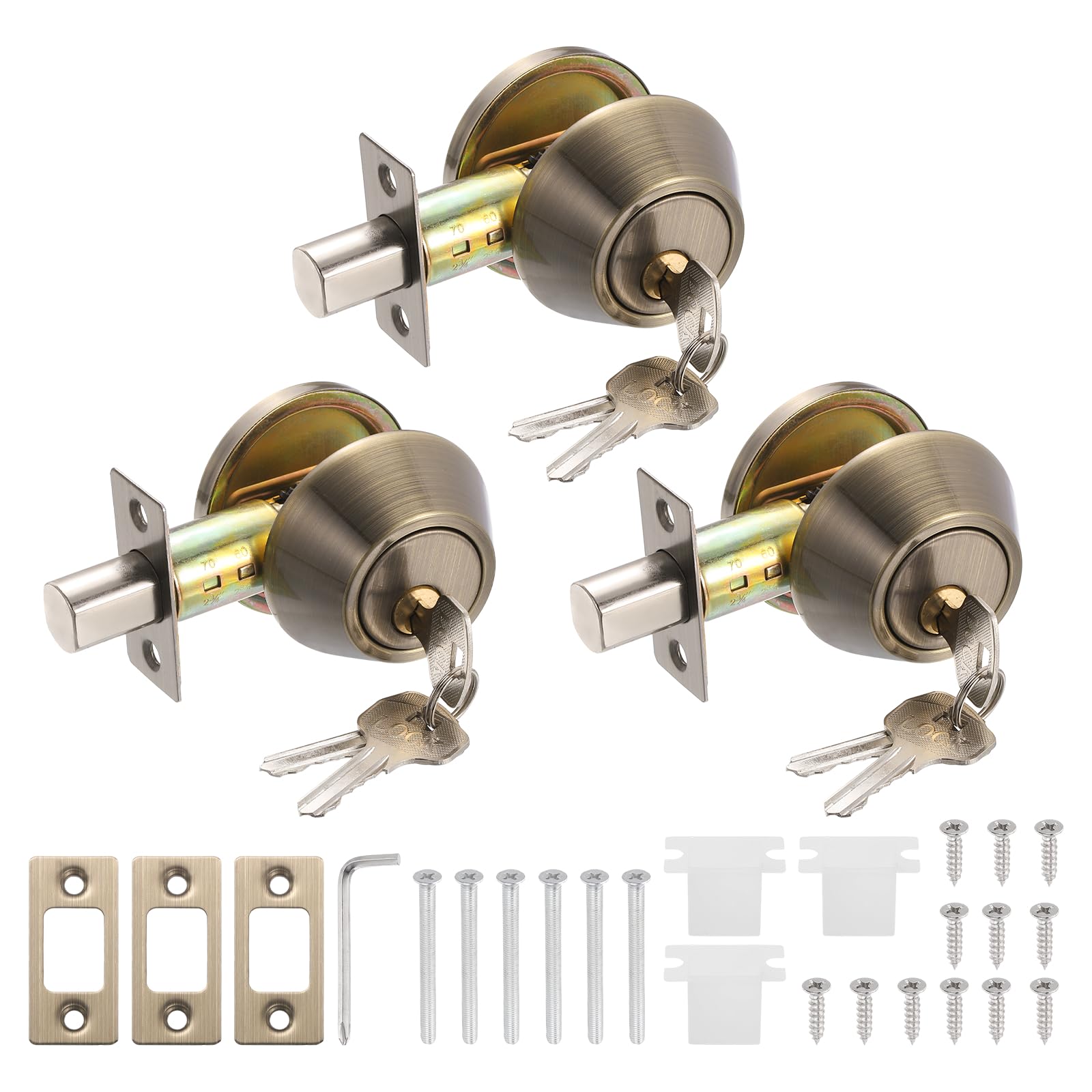 PATIKIL Door Lock Set with Single Cylinder Deadbolt (2 Inch, Bronze) (3 Set), Round Ball Exterior and Interior Door Knobs, Suit for - Bedroom/Bathroom/Office, Keyed Alike
