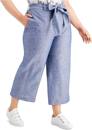bar III Womens Plus Tie Waist Linen Blend Wide Leg Pants Navy 14W