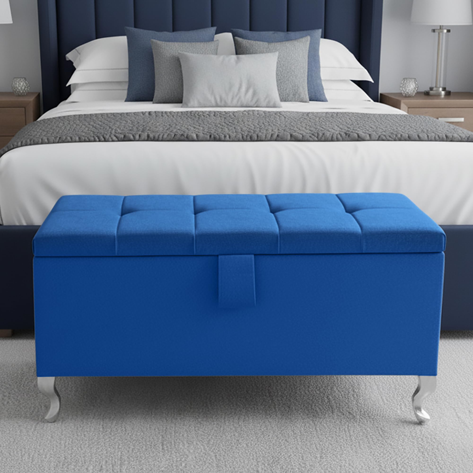Aiza's Ottoman Storage Box - Large Cube Style Engineered Wood Luxurious Plush Velvet Ottoman Storage Bench - (Blue Plush, Legs)