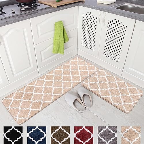 Carvapet 2 Pieces Microfiber Moroccan Trellis Non-Slip Soft Kitchen Mat Bath Rug Doormat Runner Carpet Set (17"x48"+17"x24", Beige)