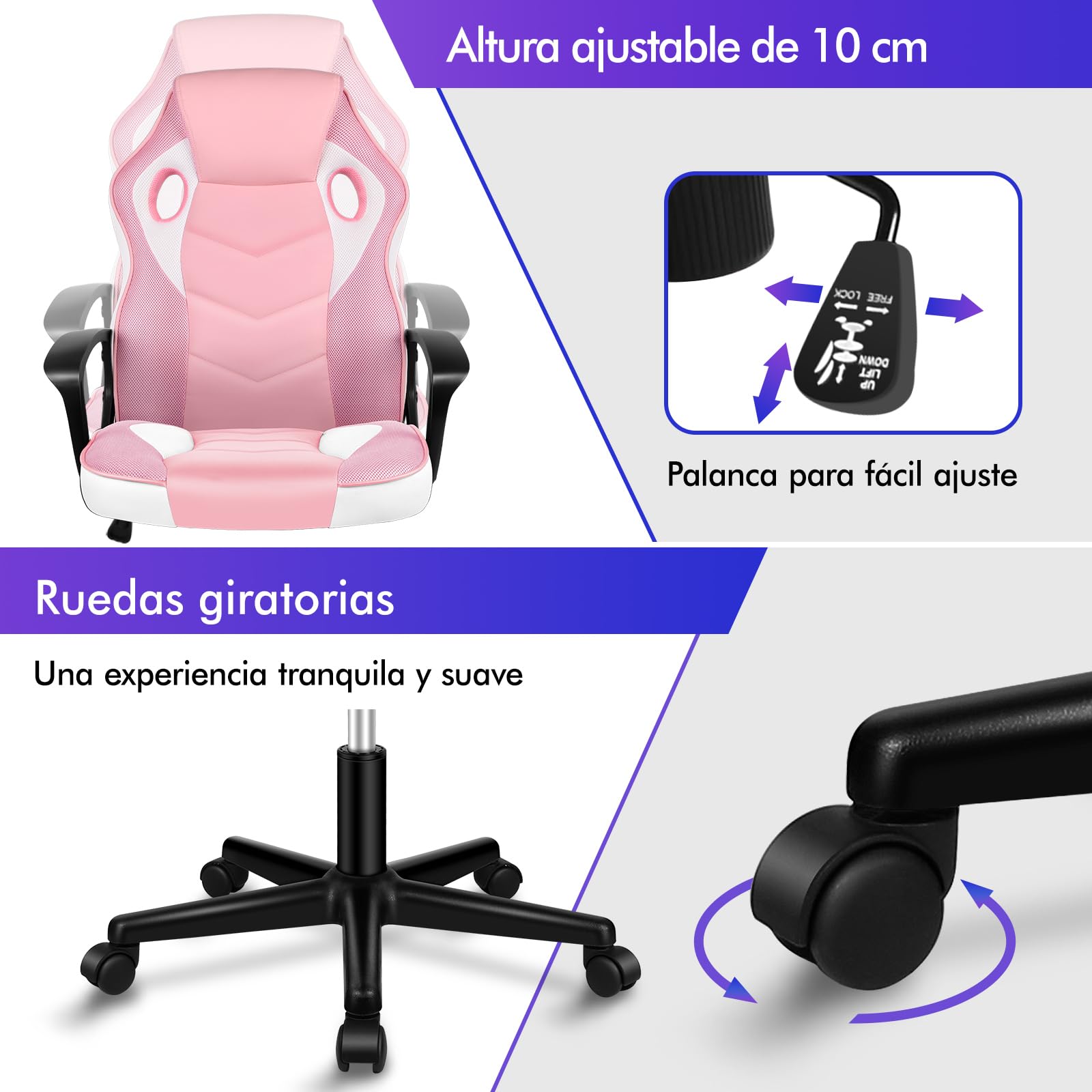 ALFORDSON Silla Gaming de Oficina Regulable con Ruedas, Racing Silla Escritorio Ergonómica de Piel Sintética y Malla, Asiento basculante y Altura Regulable, Soporta 150 kg(Rosa)