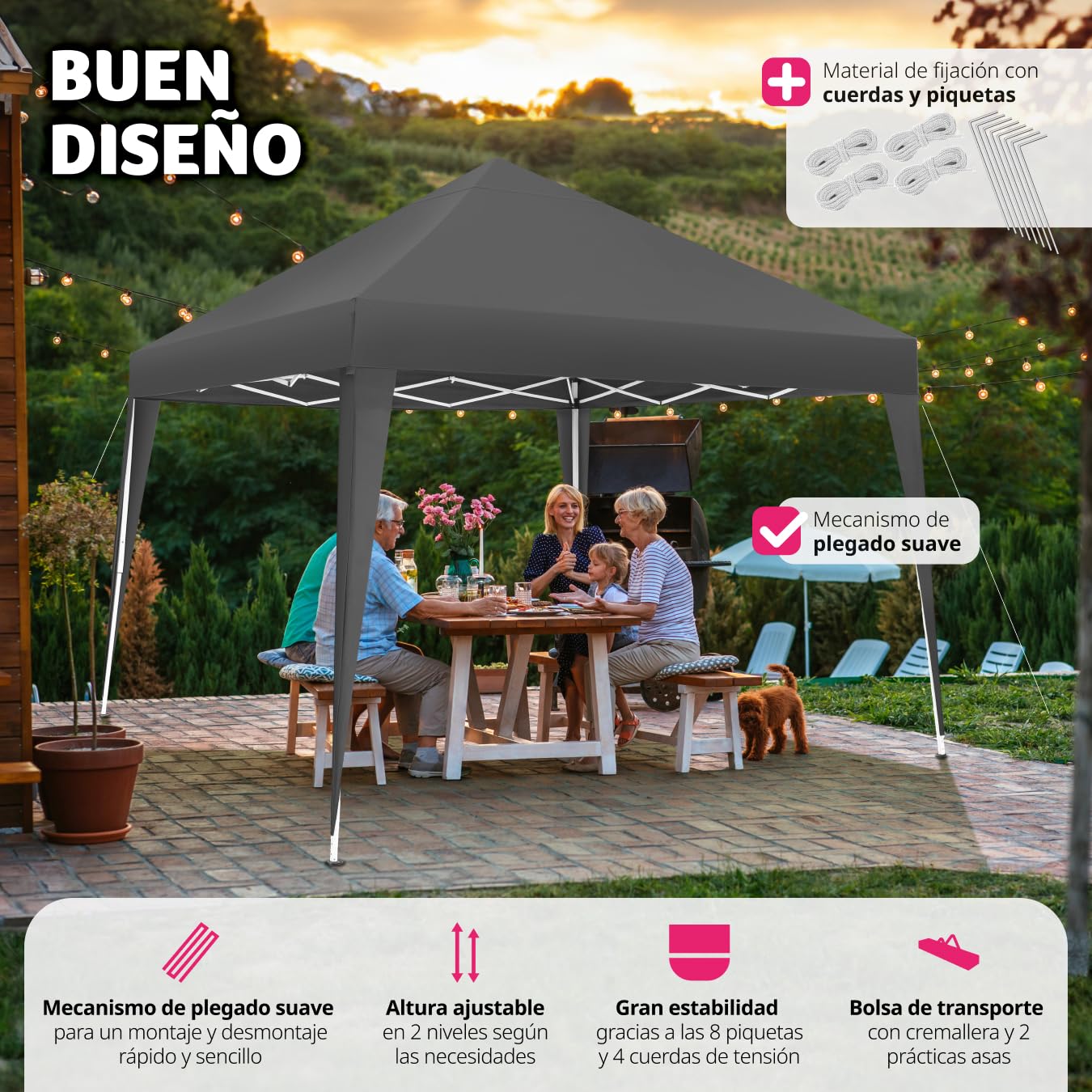 tectake® Carpa Plegable, Estructura Robusta, Regulable, Cenador, Pergolas de Jardin, Toldo Camping, Playa, Exterior, Carpas Repelentes al Agua, Cenadores para Jardin - 3x3 m Gris