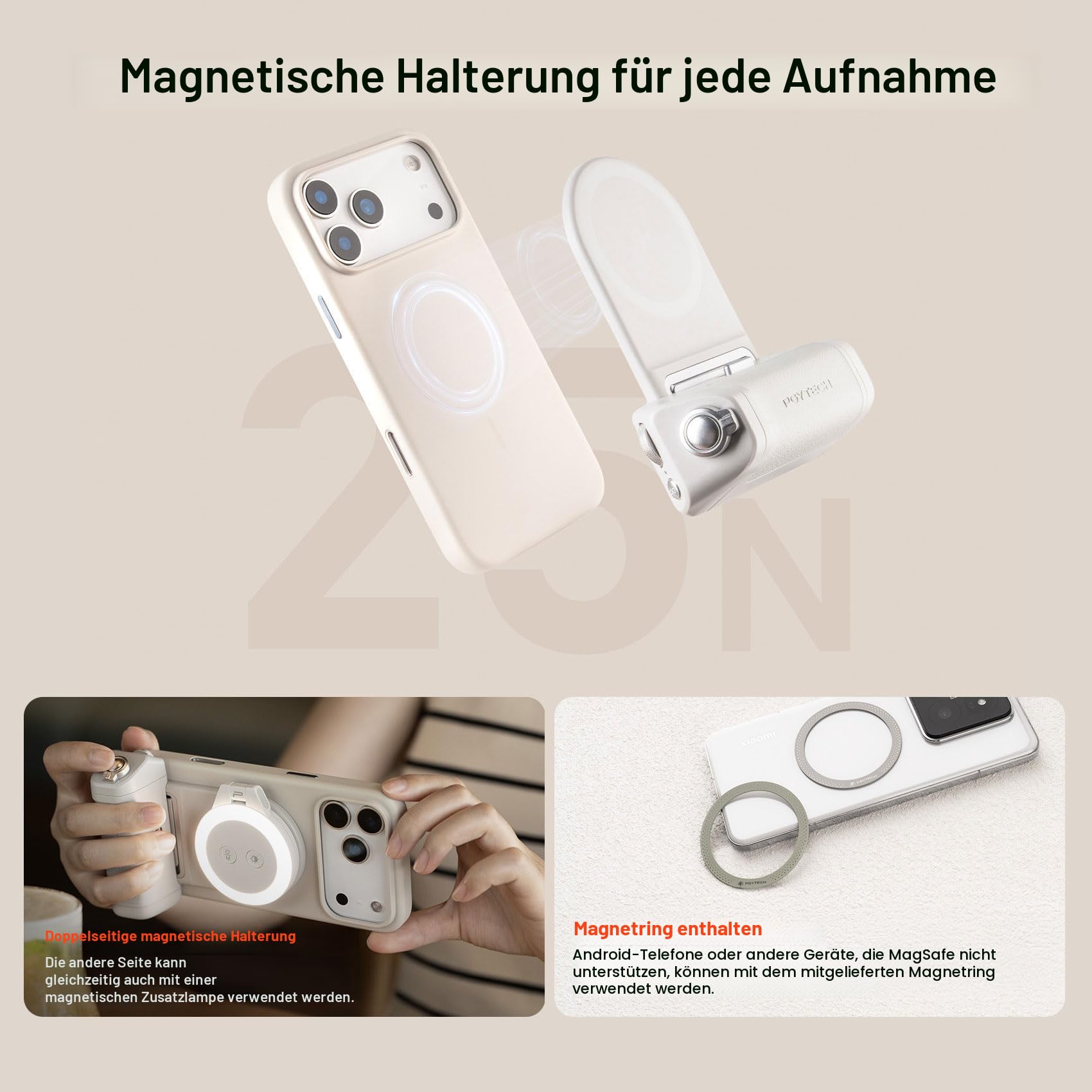 PGYTECH MagCam 2 Smartphone-Griff, 3-in-1 Modular-Kit, Bluetooth-Fernbedienung & Ladegriff & MagSafe Magnetischer Wireless-Ladeständer, für iPhone 12–17/Android 14 (Schwarz)