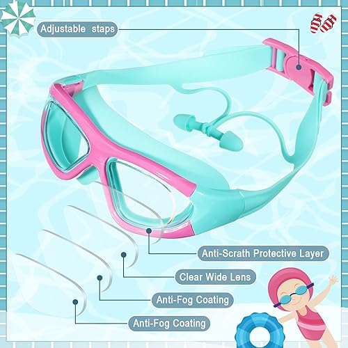 Miniatura 3 de Yexiya Paquete de 4 gafas de natación para niños de 3 a 12 años, antiniebla, sin fugas, gafas transparentes de visión amplia con tapones nasales
