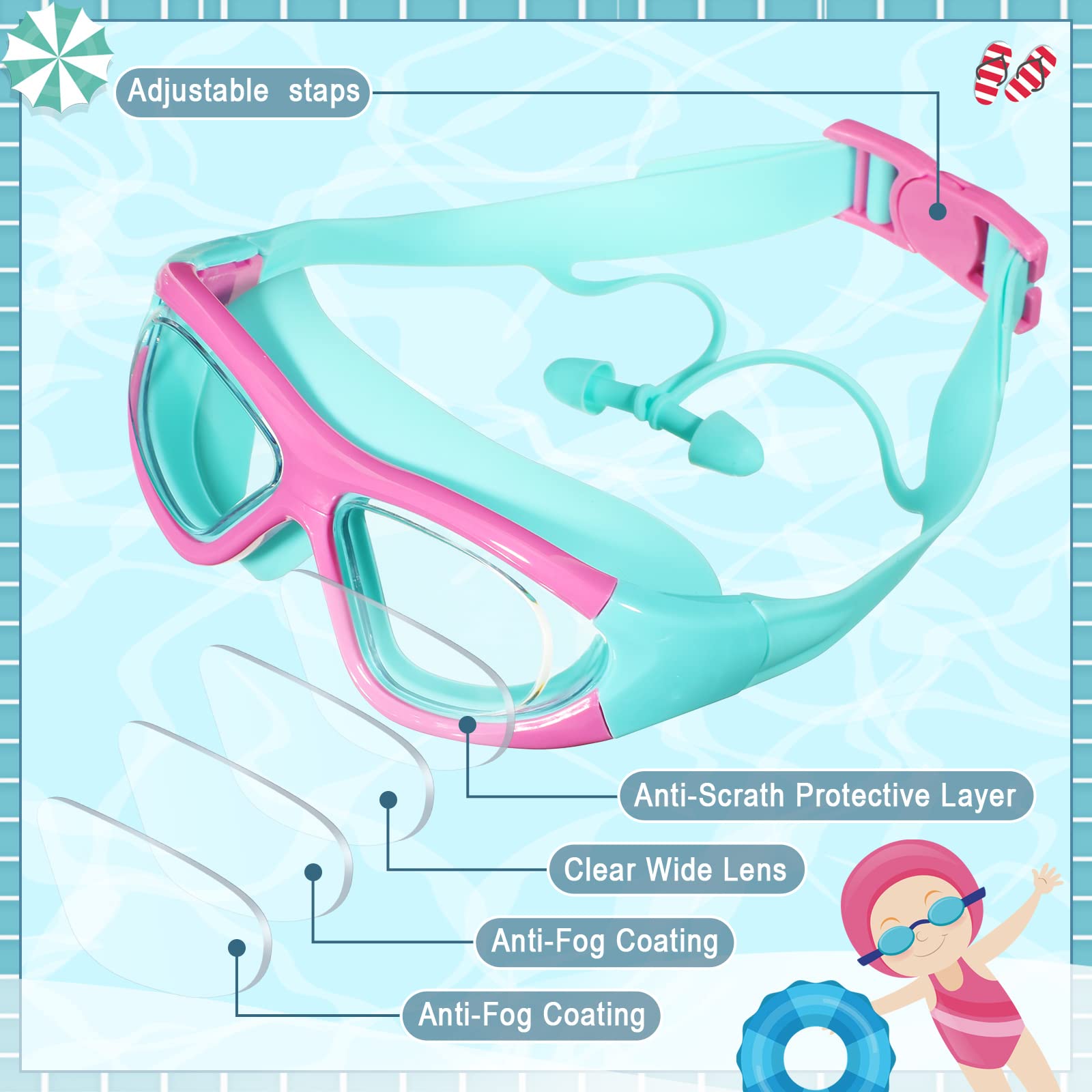 Yexiya Schwimmbrille für Kinder, Anit Fog, kein Auslaufen, Jugendbrille mit Nasenstöpsel für Jungen und Mädchen im Alter von 3–12 Jahren, 4 Stück