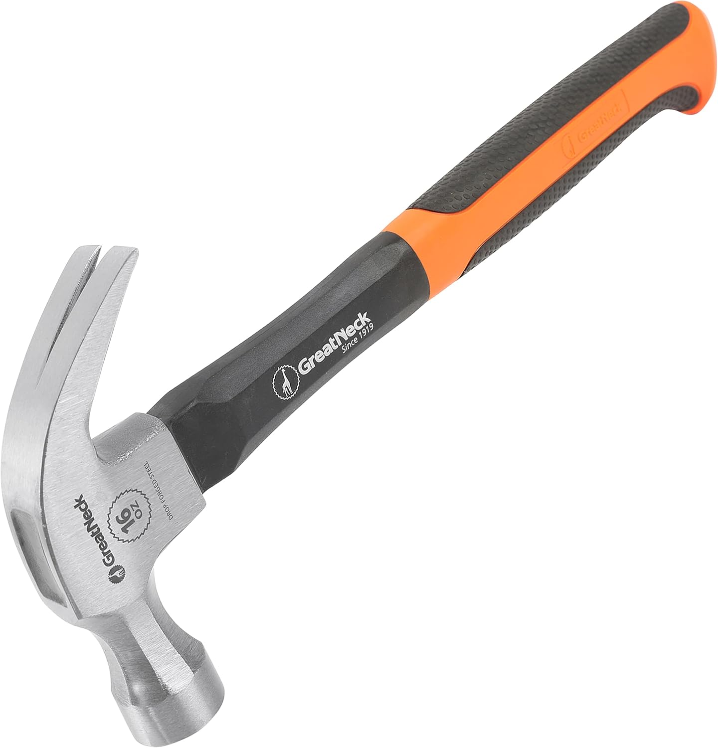 GreatNeck HG16C 16 Oz. Fiberglass Curved Claw Hammer, Household & Industrial Construction Hammer, Drive & Pry Nails, Frame a Home Addition, Fix a Leaky Roof, & More, Rugged Fiberglass Handle