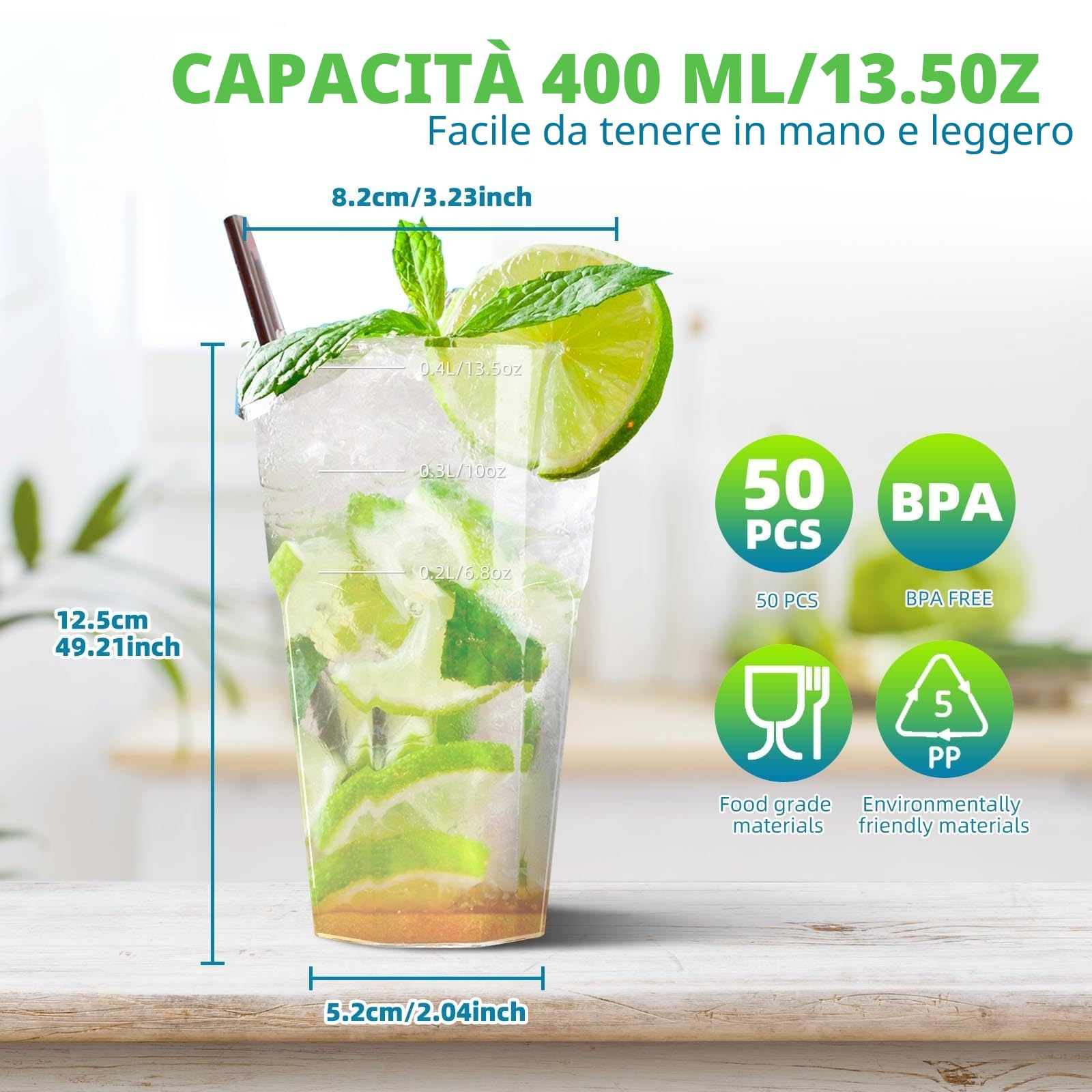 AOLUXLM Set di 50 Bicchieri Plastica Riutilizzabili, 400 ml, per Feste, Compleanni, Matrimoni